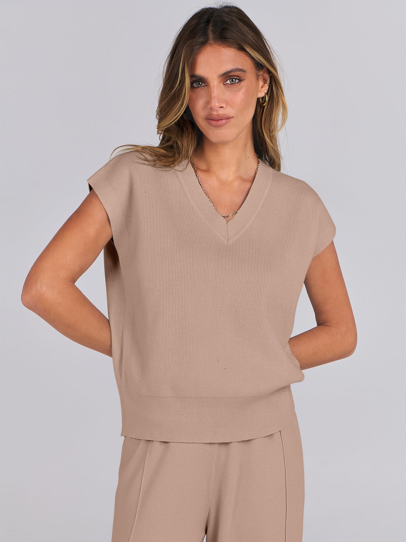Caracilia Women's Summer 2 Piece Sweater Vest Set - Knit Top & Wide Leg Pants Lounge Matching Outfit for Spring 2025 | Airport Travel, Casual Wear & Relaxation