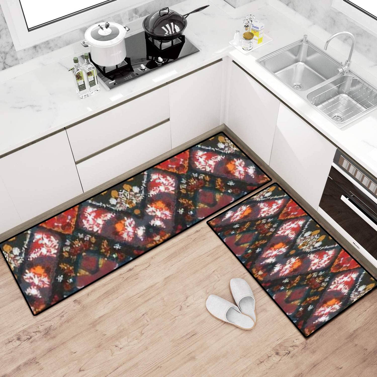 Non-Slip Washable Kitchen Rugs Set - Geometric Ethnic Oriental Ikat Design Floor Mats, Runner & Doormat - Perfect for Kitchen, Bathroom & Entryway Decor
