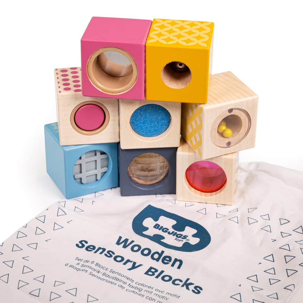 Bigjigs Toys FSC Certified Wooden Sensory Blocks - Natural Wood Building Toys for 1 2 3 Year Olds - Montessori Learning Toys for Toddlers & Babies - Perfect for Early Childhood Development & Sensory Play