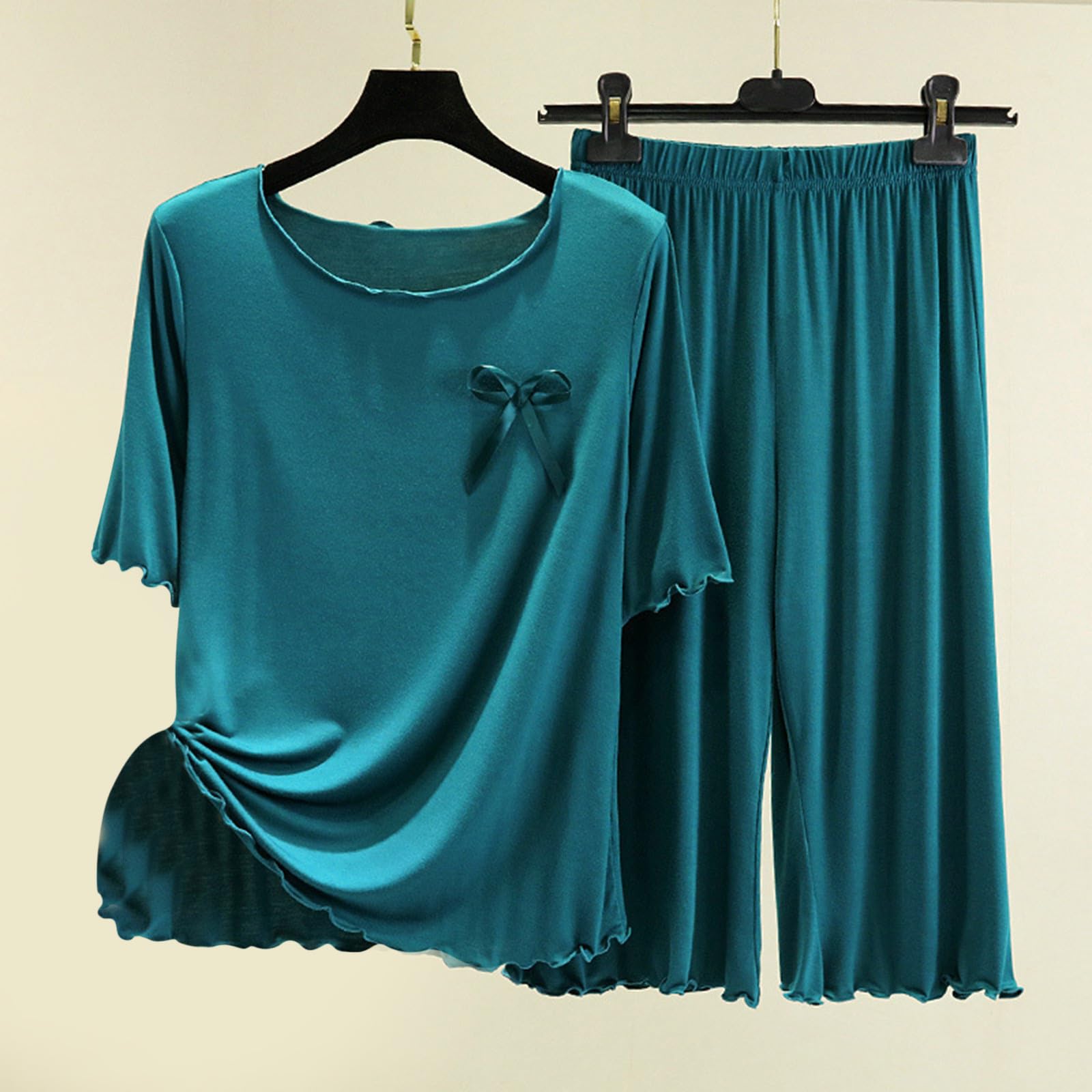 Women's 2-Piece Pajama Set - Soft Crew Neck Top & Elastic Waist Wide Leg Pants - Comfortable Sleepwear for Home, Lounging & Travel