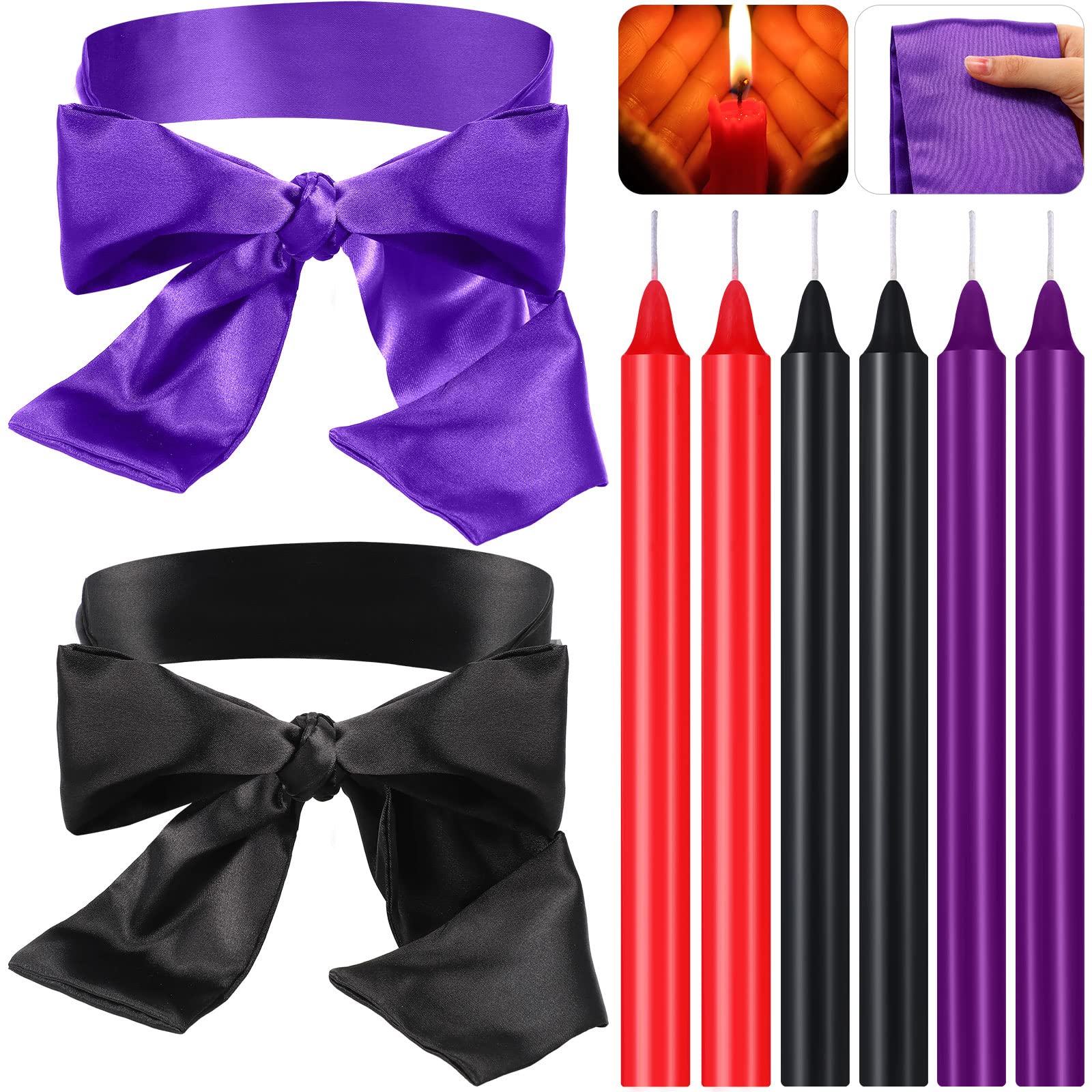 8 Pcs Low Temperature Romantic Drip Wax Candles with Silk Blindfold - Satin Eye Mask for Couples, Sensual Massage & Bedroom Play (Purple, Black) - Perfect for Date Nights, Spa Relaxation & Sensory Exploration