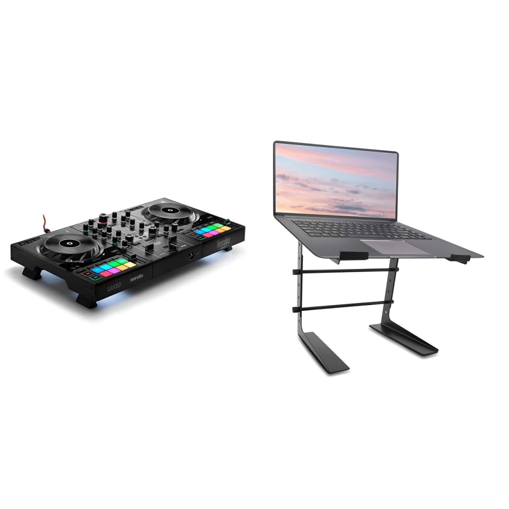 Hercules DJControl Inpulse 500 Professional 2-Deck USB DJ Controller for Serato DJ & DJUCED Software (Included) | Pyle Adjustable Portable Laptop Stand for DJs, Producers & Office Use - Perfect for Live Performances & Home Studios