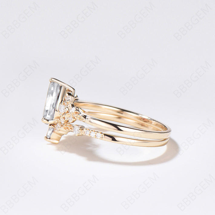 Vintage Pear Moissanite Engagement Ring for Women - Rose Gold Leaf Flower Nature Inspired Bridal Wedding Ring Set with Unique Cluster Diamond | Perfect for Proposals, Anniversaries, and Special Occasions