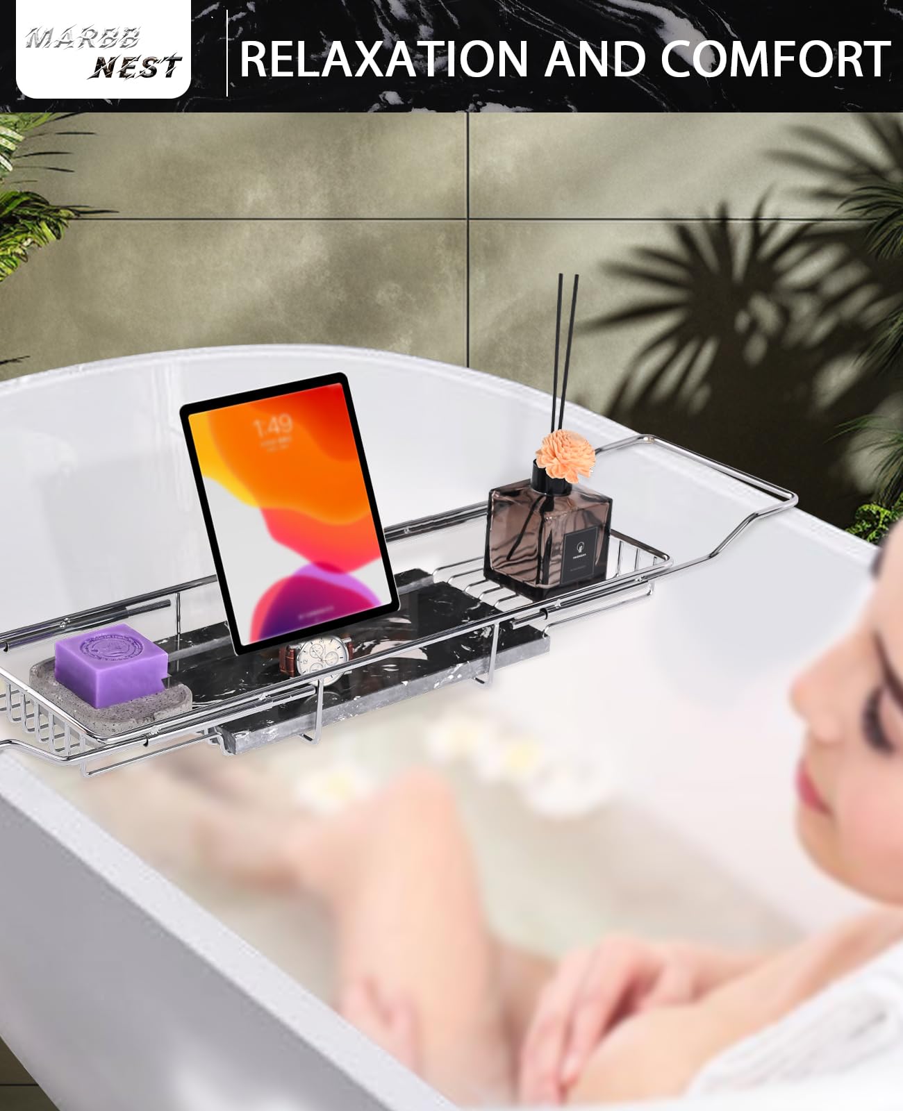 Luxury Expandable Bathtub Tray Caddy with Natural Marble Top & Tablet Stand - Extra Wide Bath Tray for Spa Relaxation, Reading & Wine - Chrome & Black Finish for Home Bathroom Essentials