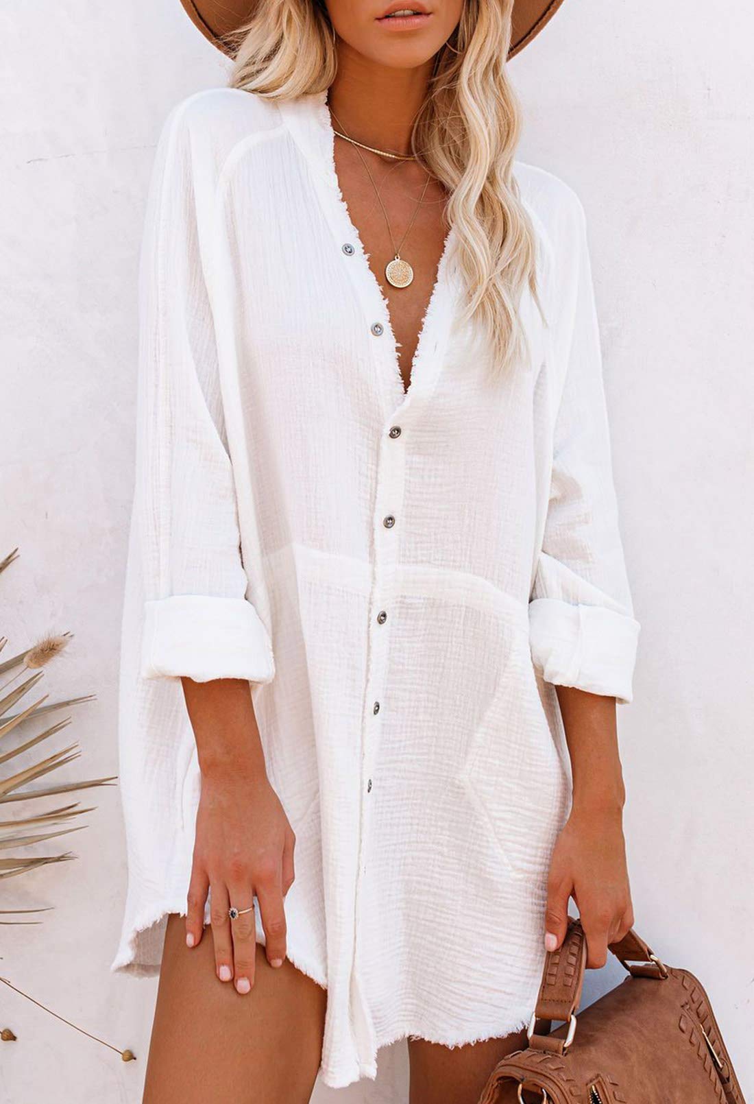 Pink Queen Women's V-Neck Long Sleeve Button Down Blouse Tunic Shirt Mini Dress with Pockets - Elegant Office Wear, Casual Outfit & Spring Fashion for Women