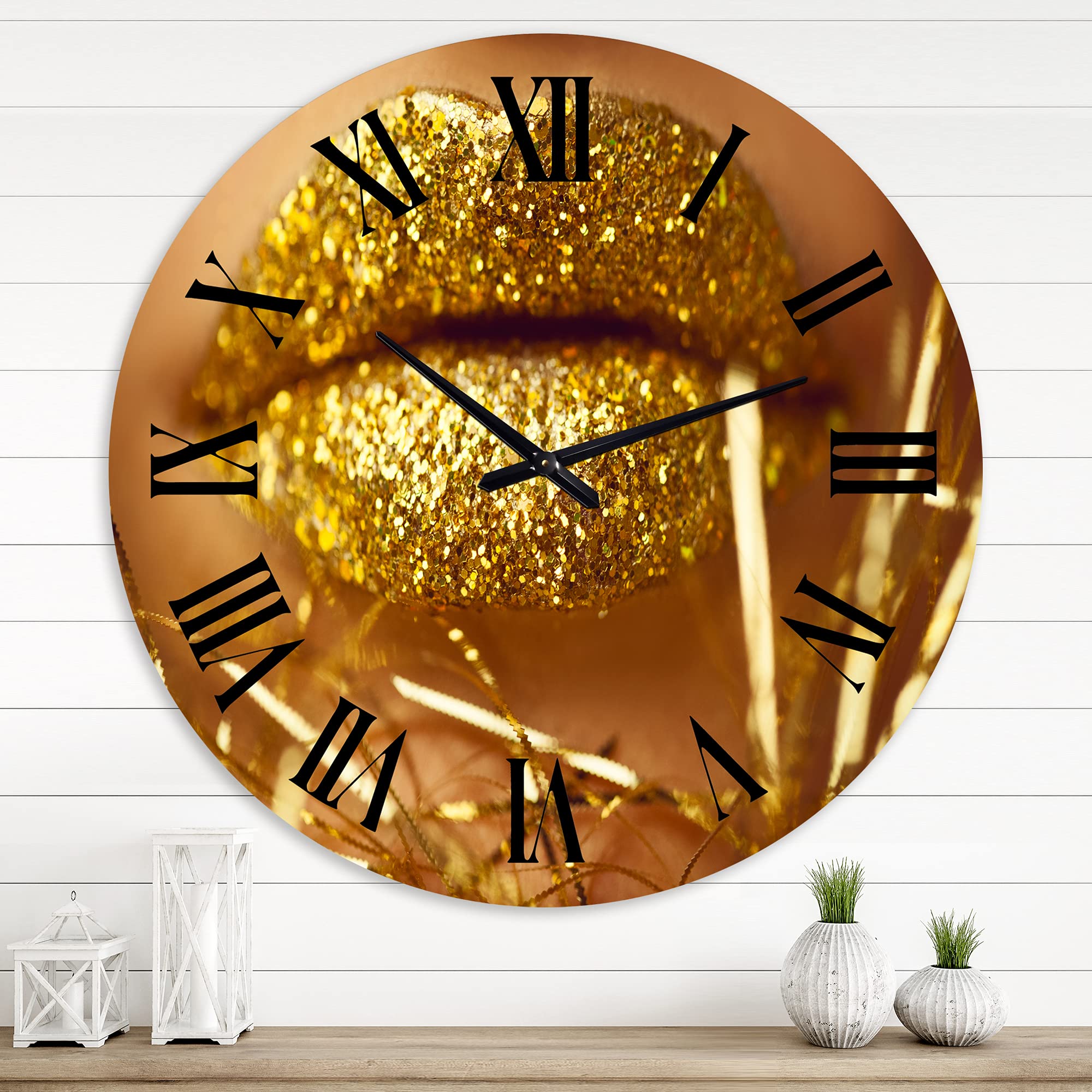 DesignQ Modern Golden Woman Lips Large Wall Clock - Stylish Living Room Decor for Home & Office | Perfect for Bedroom, Kitchen, and Office Spaces