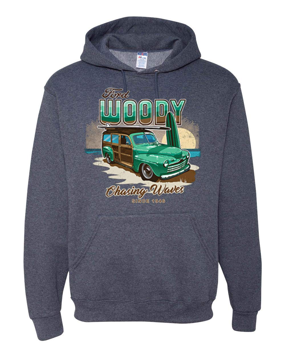 Vintage 1946 Ford Woody Chasing Waves Graphic Hoodie - Wild Bobby Retro Unisex Sweatshirt | Perfect for Beach Outings, Car Enthusiast Gifts & Casual Streetwear