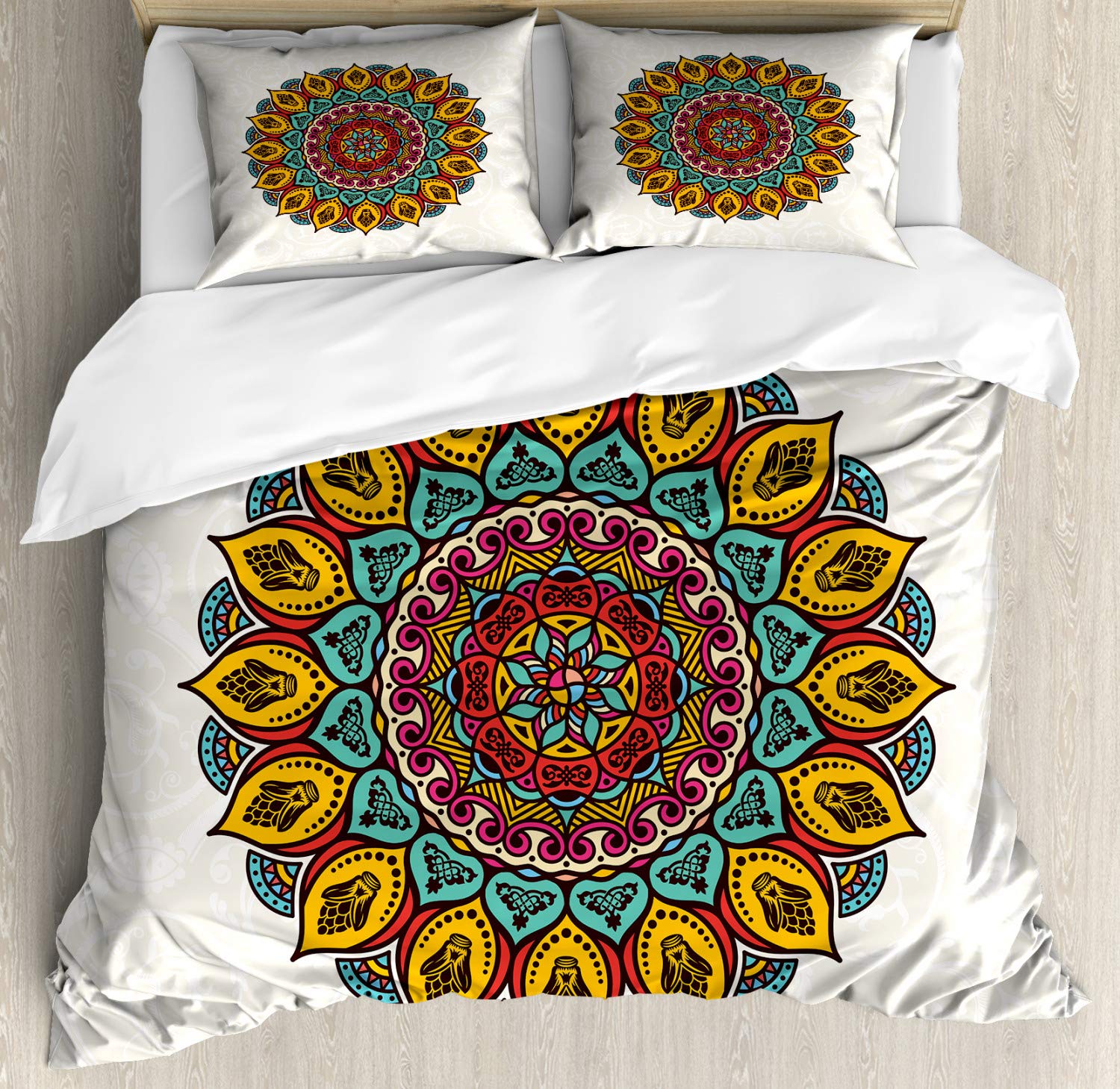 Ambesonne Ethnic Duvet Cover Set | Vintage Mandala & Victorian Motifs Print | 3-Piece Bedding Set with 2 Pillow Shams | California King Size | Multicolor Bohemian Style | Perfect for Master Bedroom, Guest Room & Bohemian Home Decor