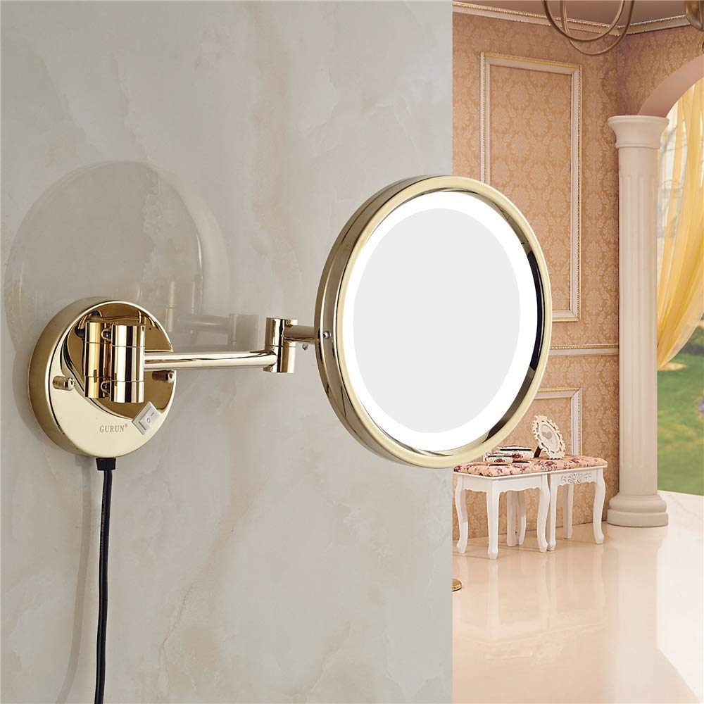 FUDGIO 8 Inch LED Magnifying Makeup Mirror with Light, Wall Mounted Vanity Mirror for Bathroom - Gold Brass Frame, 3X Magnification (Perfect for Makeup Application, Skincare Routine & Grooming)