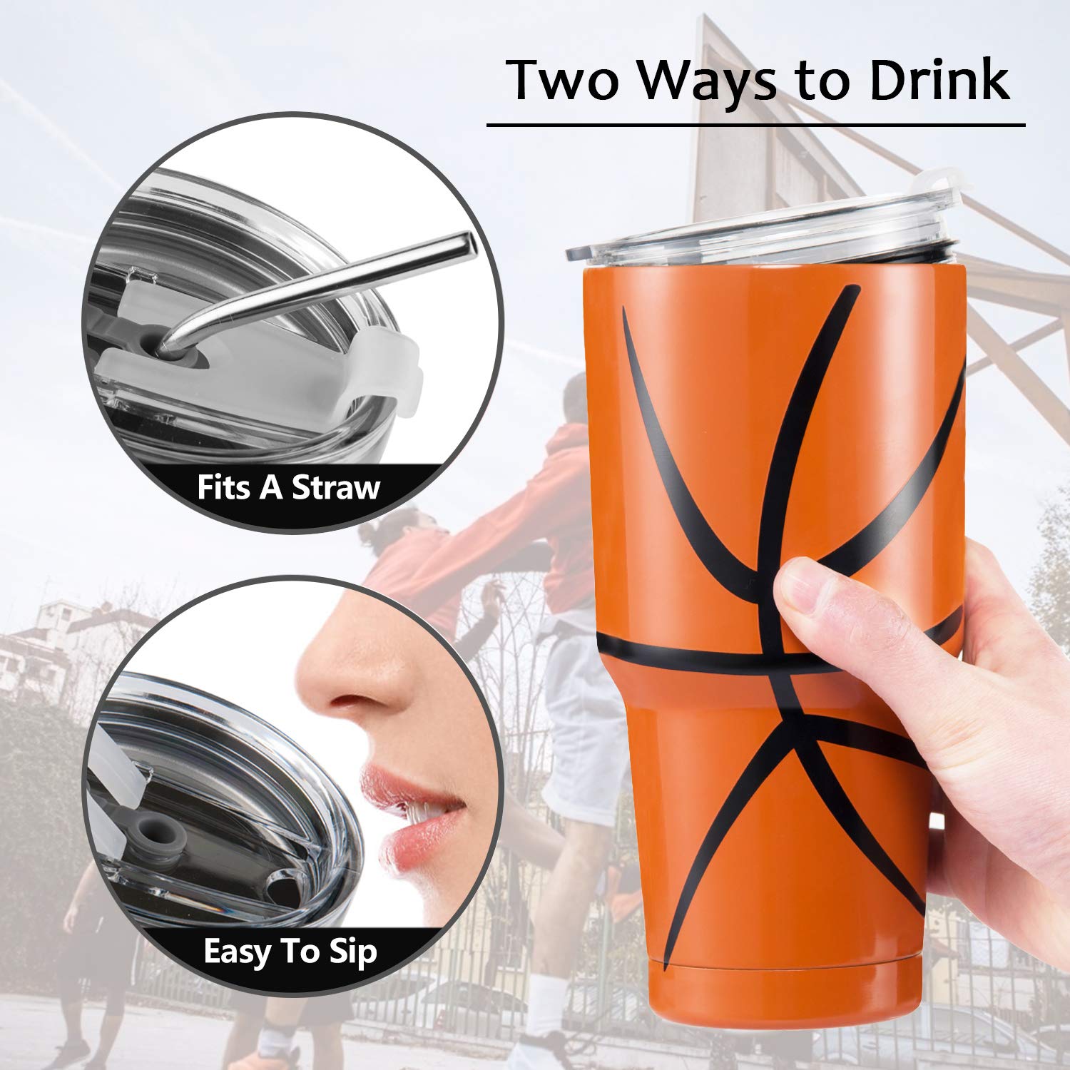 Joyclub 30oz Stainless Steel Tumbler - Double Wall Vacuum Insulated Travel Mug with Lid, Straw & Cleaning Brush - Keeps Drinks Hot/Cold for Hours - Perfect for Coffee, Tea, Water & Smoothies - Basketball Design - Ideal for Office, Gym, Camping & Road Trips