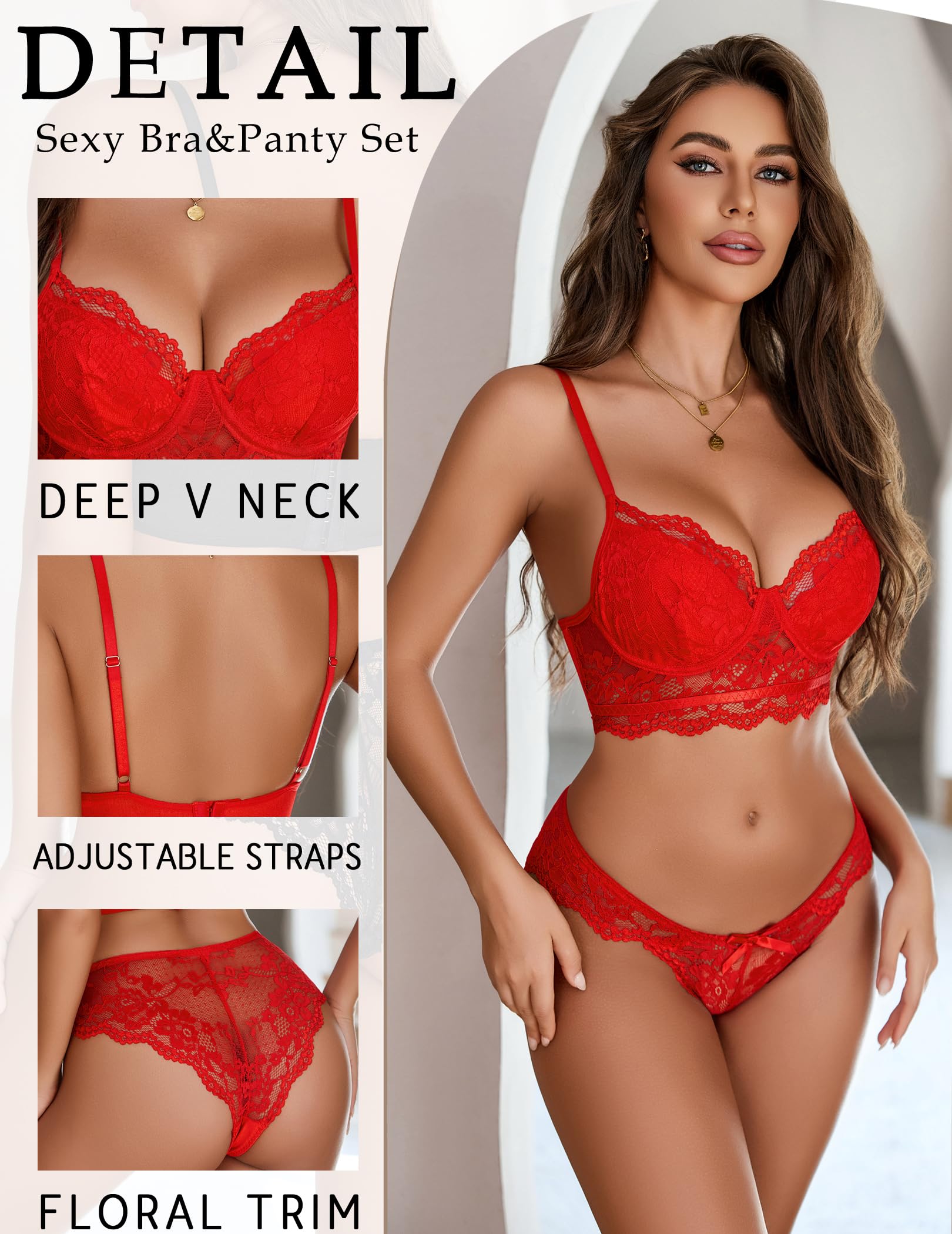 Avidlove Women's Lace Strappy Bralette & Panty Set - 2 Piece Lingerie Outfit with V-Neck Design | Sexy Underwear for Date Night, Boudoir Photography & Special Occasions