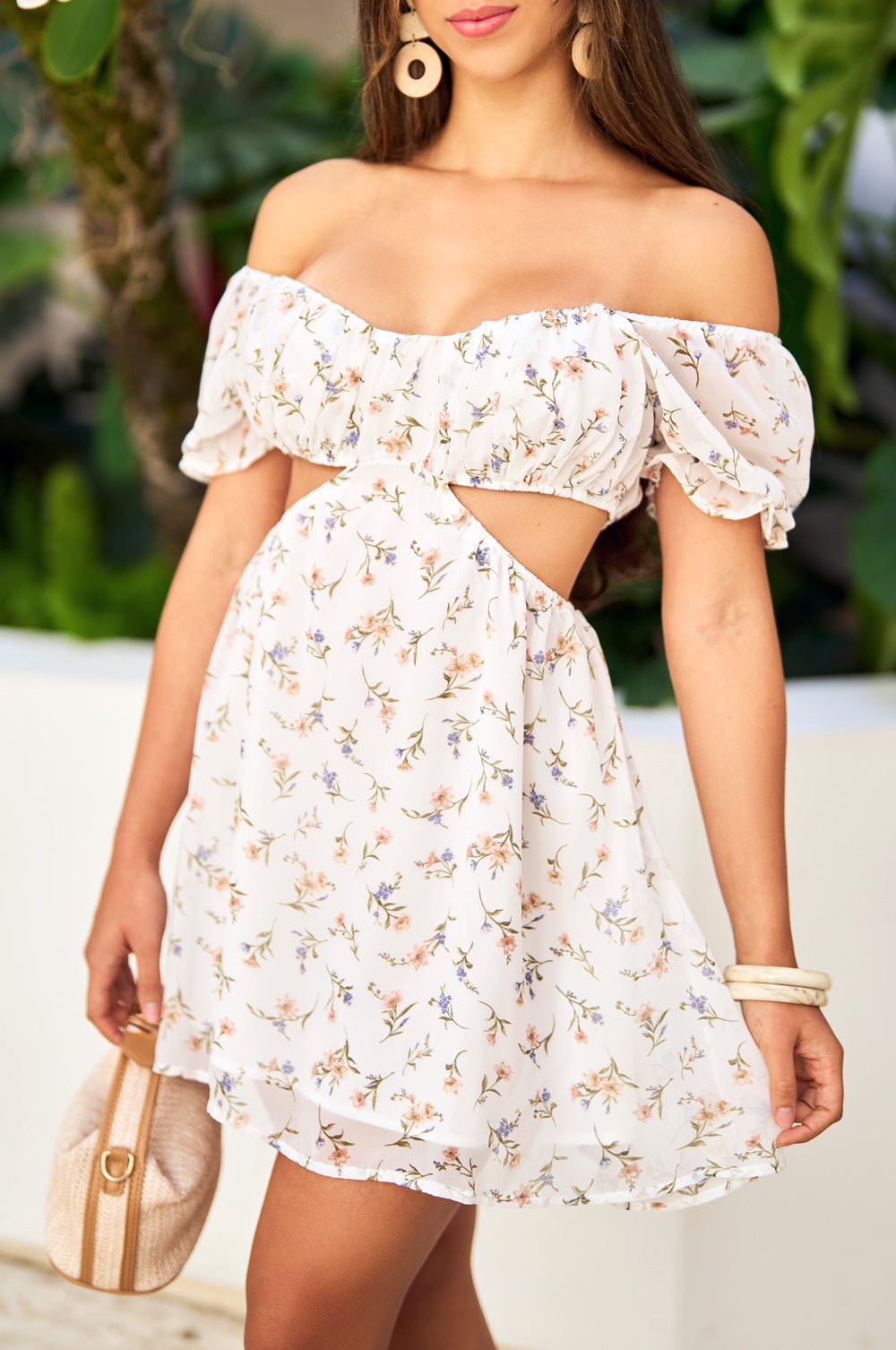 White Floral Print Off Shoulder Short Sleeve Cut Out Babydoll Dress - Summer Beach Party, Date Night & Vacation Outfit for Women