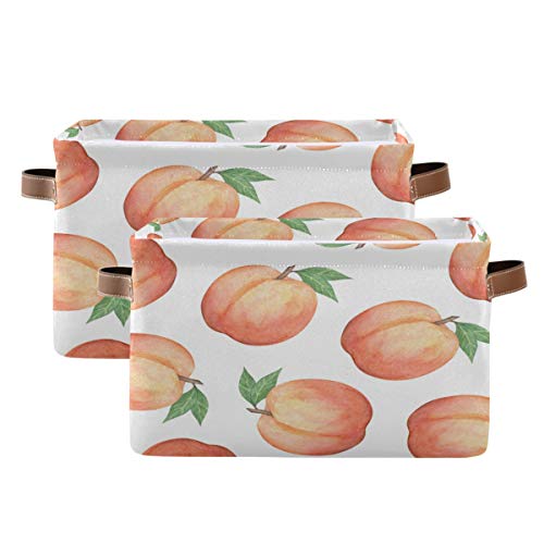 Watercolor Pink Collapsible Storage Baskets with Handles - 2 Pack Large Foldable Organizer Bins for Toys, Laundry, Closet & Nursery | Peach Fruit Design Home Decor Storage Solution