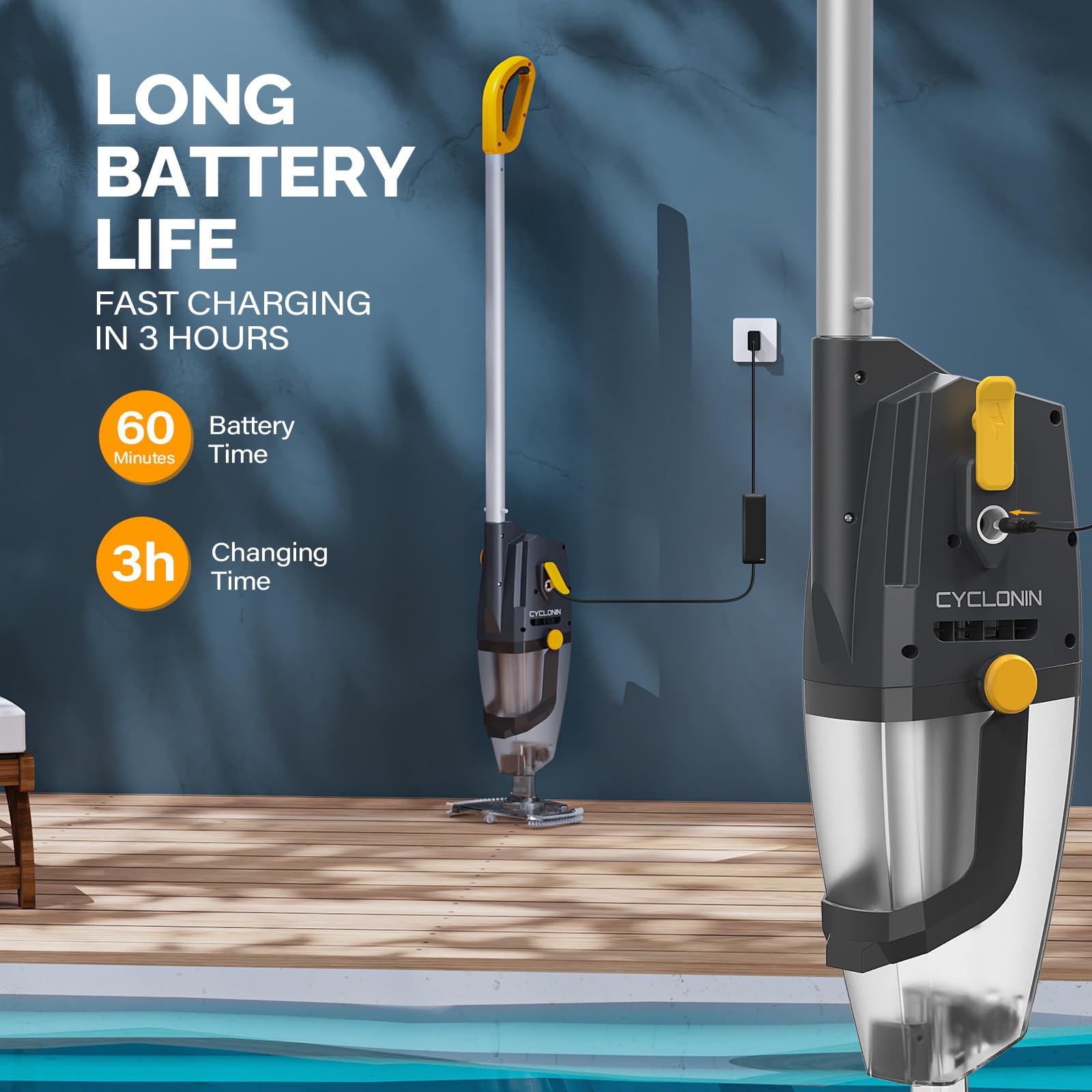 VINGLI Cordless Rechargeable Handheld Pool Vacuum Cleaner - Ideal for Above Ground & In Ground Pools, Hot Tubs, Spas - Lightweight Portable Design (Yellow & Grey) | Perfect for Quick Pool Maintenance, Backyard Cleaning & Water Feature Care