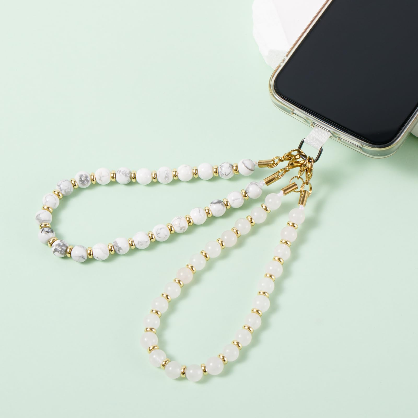 Beaded Marble Phone Charm - Stylish Cell Phone Lanyard & Wrist Strap for iPhone 14/13, Compatible with Most Smartphones (Pink & White) - Perfect for Women's Accessories, Office ID Badge Holder, and Everyday Carry Essentials