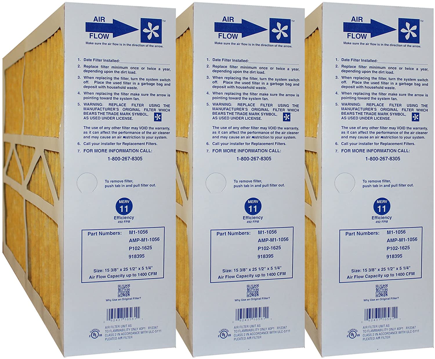 Clean Comfort 16x25x5 AMP M1 1056 Genuine Original Furnace Air Filter - MERV 11 High Efficiency - Exact Size 15 3/8 x 25 1/2 x 5 1/4 - Case of 3 Filters - Perfect for HVAC Systems, Home Heating & Cooling, and Air Purification