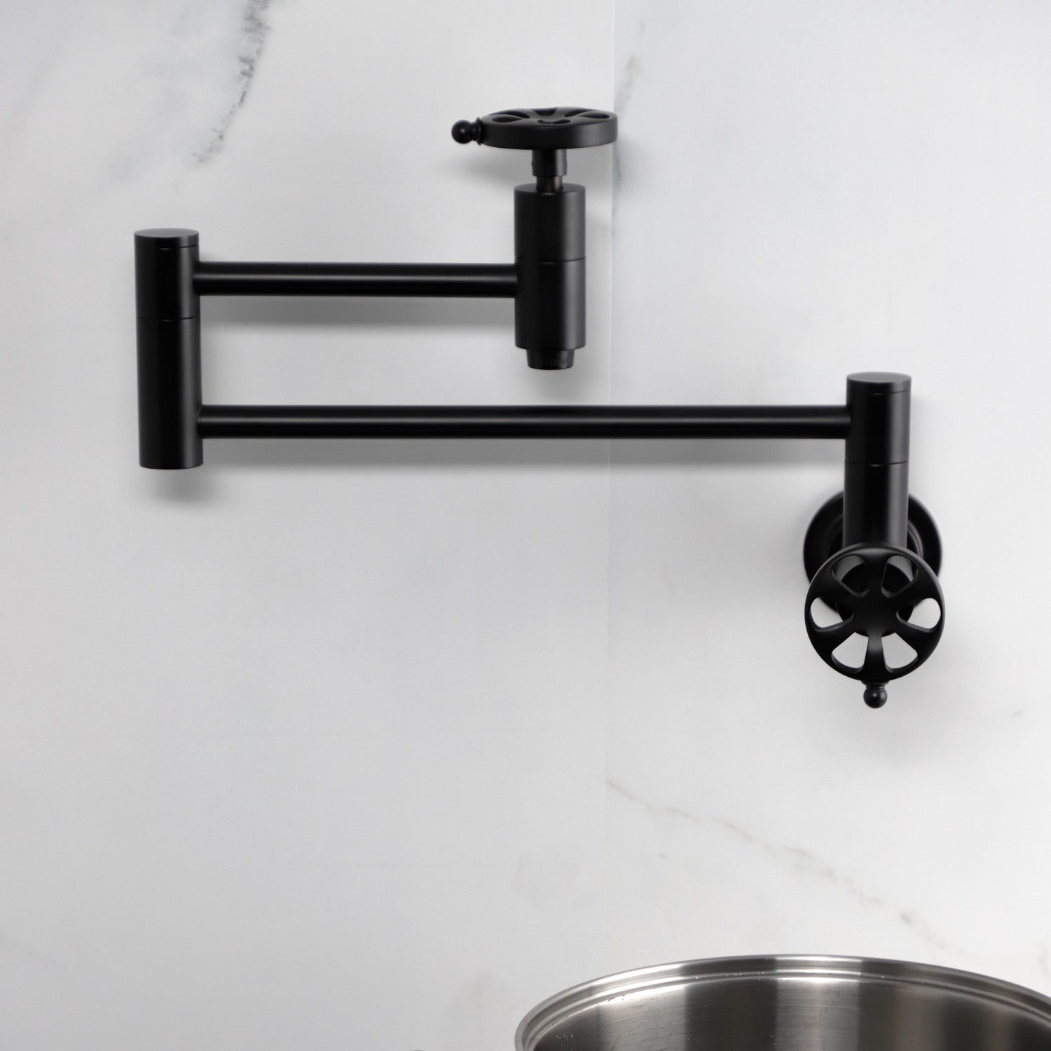 Belknap KS8100RX Matte Black Wall Mount Pot Filler Faucet - Two Handle Commercial Style Kitchen Sink Faucet for Cooking, Filling Pots & Pans - Perfect for Home Chefs & Restaurant Use