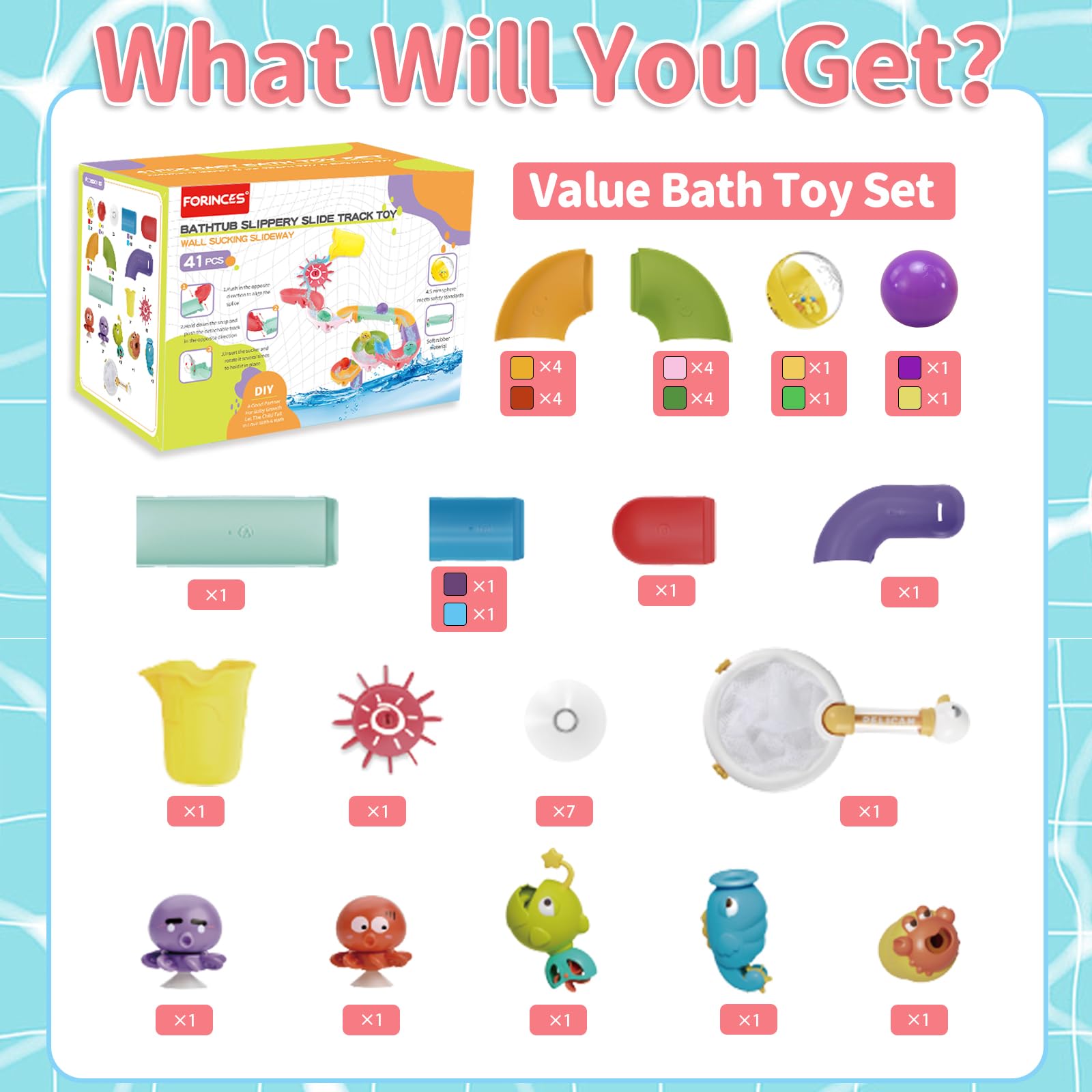 41 PCS Toddler Bath Toys Set with DIY Water Slide Track, Fishing Net & Floating Animals - Fun Bathtime Learning Toys for 1-5 Year Olds - Perfect for Baby Showers, Christmas & Birthday Gifts - Encourages Sensory Play & Motor Skills Development