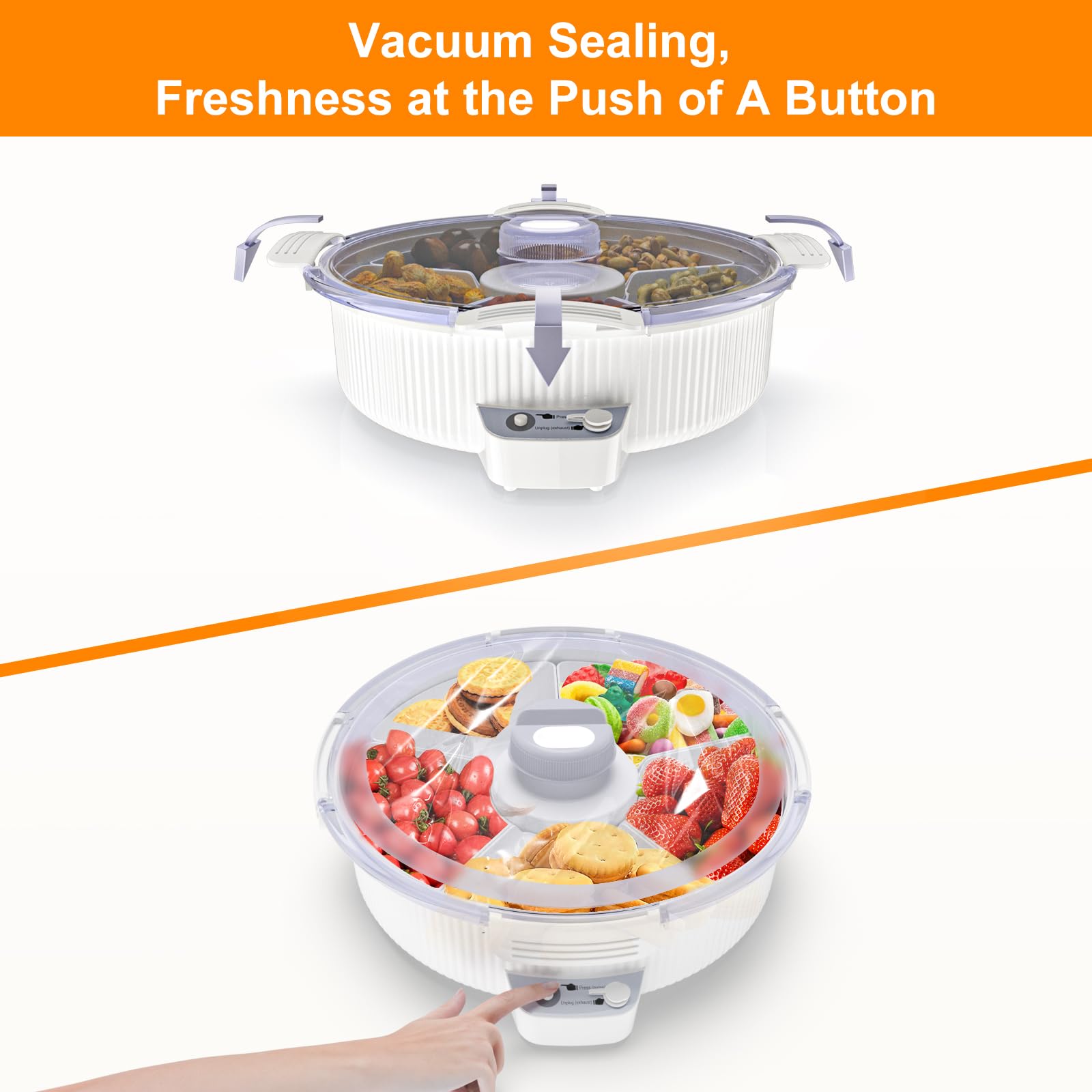 TIANG 11-Inch Electric Vacuum Sealed Divider Tray - Reusable Food Storage Container for Nuts, Dried Fruits, Snacks & Vegetables | Airtight & Oxidation Resistant | Perfect for Picnics, Parties & Meal Prep Organization