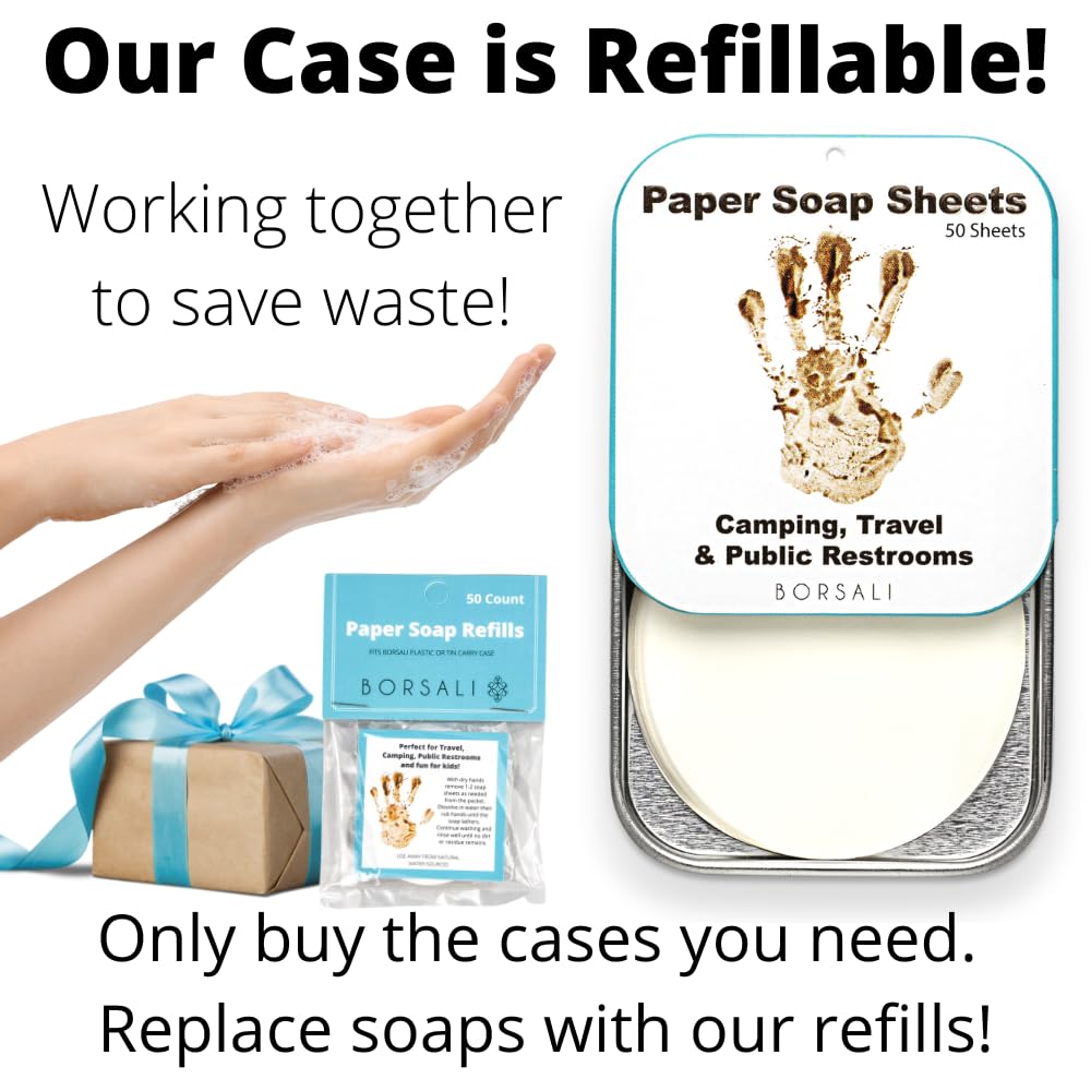 BORSALI Travel Soap Sheets - 100 Portable Dissolvable Dry Soap Leaves for Camping, Hiking & Public Restrooms | Eco-Friendly Hand Wash Solution for On-The-Go Hygiene | Compact Toiletries for Travel Kit & Emergency Use