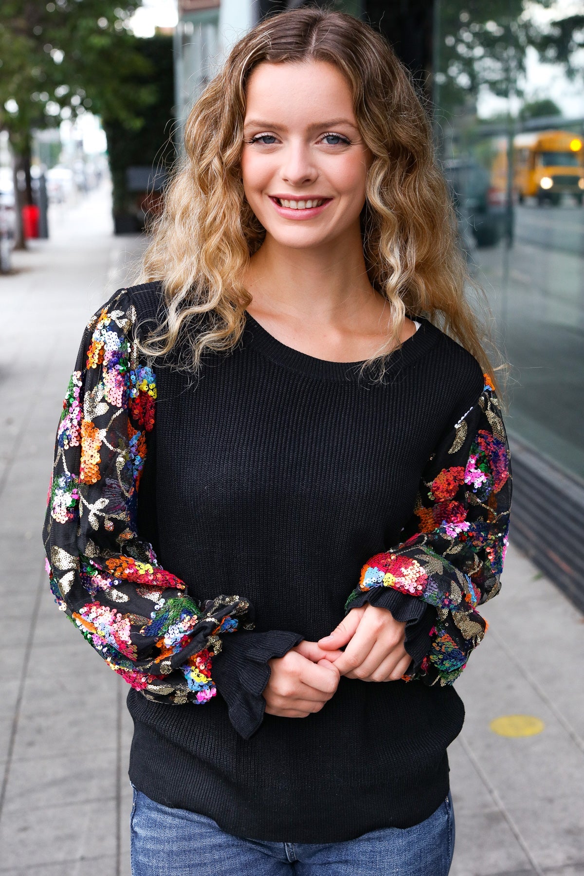 Diva Dreams Black Floral Sequin Mesh Sleeve Rib Knit Top for Women | Elegant Party Blouse | Perfect for Night Out, Date Night & Special Occasions