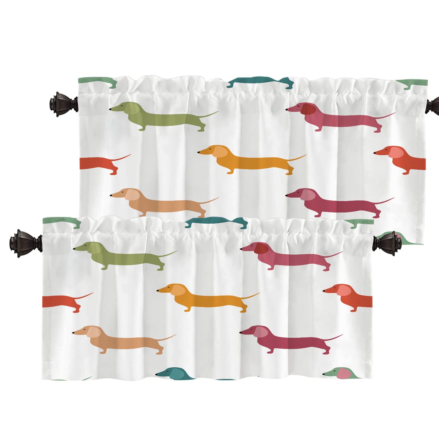 Cute Dachshund Valance Curtains - Dog Puppy Animal Print Blackout Window Treatment for Kitchen, Living Room & Bathroom - 2 Pack 52x18 Inch Polyester Textile Hunter Style - Perfect for Pet Lovers' Home Decor