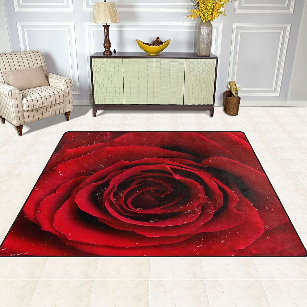 ALAZA Red Rose Flower with Raindrop Valentine's Day Area Rug - 5'3