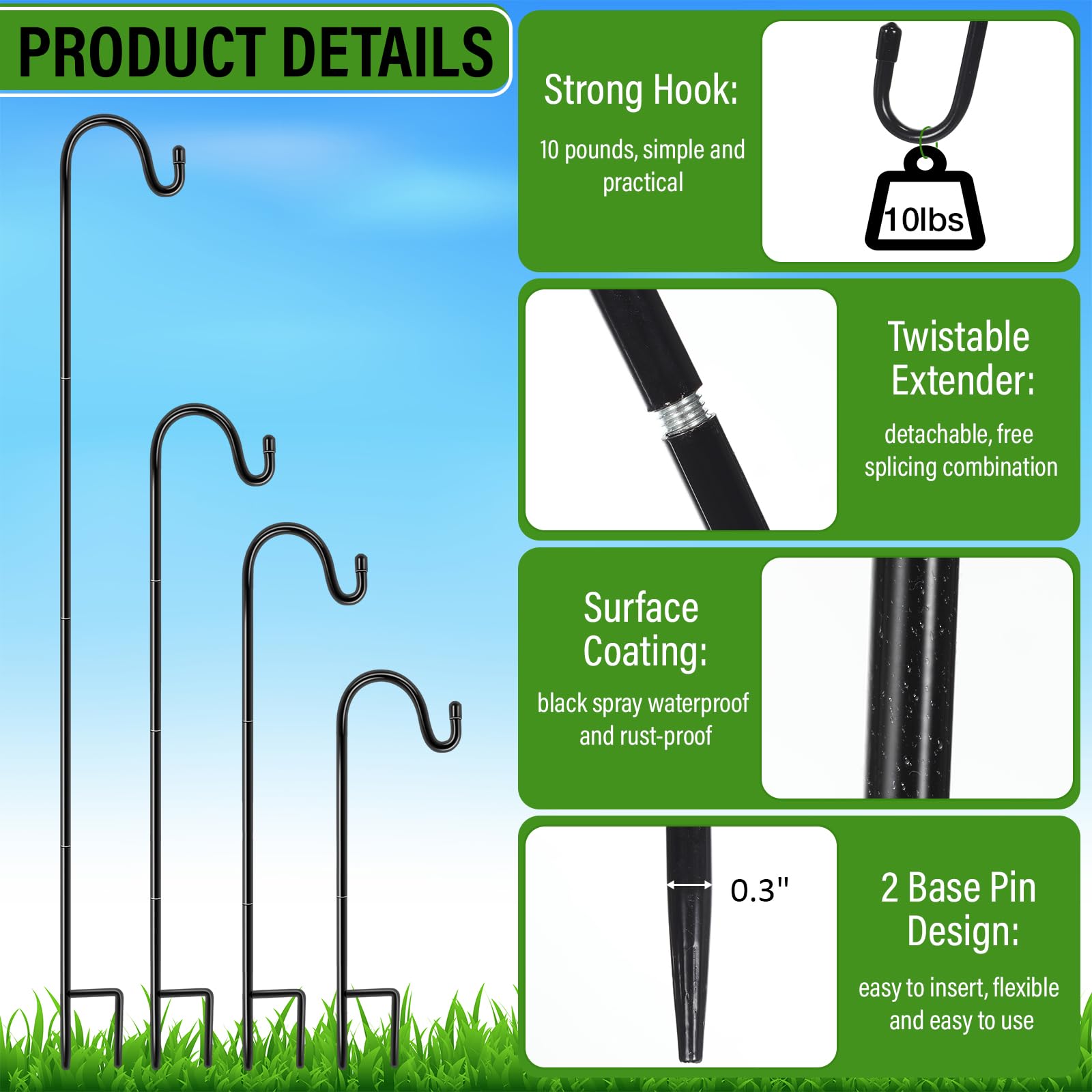 Hicarer 24 Pack Adjustable Shepherd Hooks for Outdoor - 18/25/32/46 Inch Garden Hooks for Hanging Plants, Solar Lights, Bird Feeders, Lanterns & Wedding Decor - Perfect for Patio, Yard, and Garden Decorations