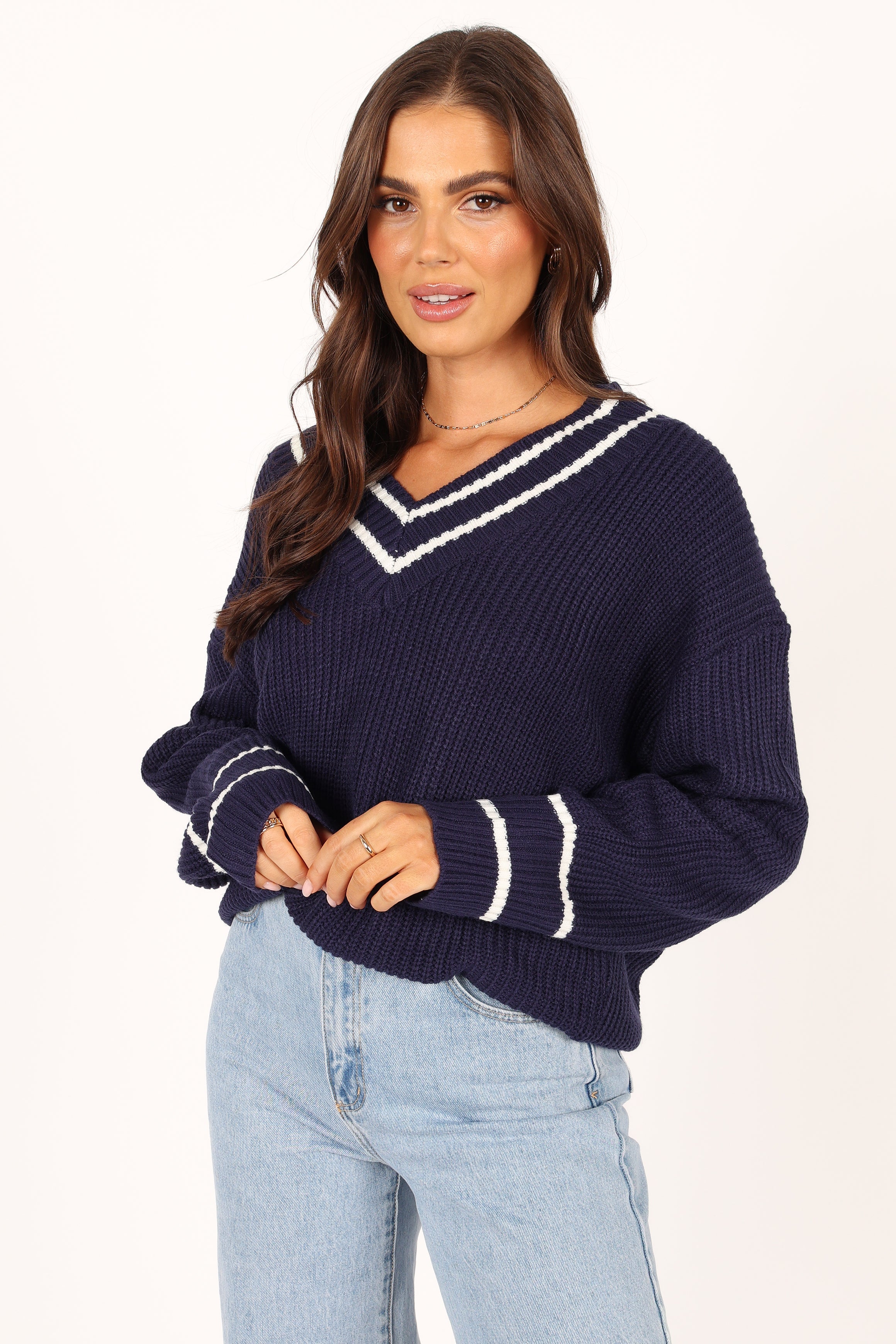 Leanna V-Neck Knit Sweater for Women - Soft & Cozy Navy Blue Pullover - Perfect for Casual Wear, Office & Fall Outfits