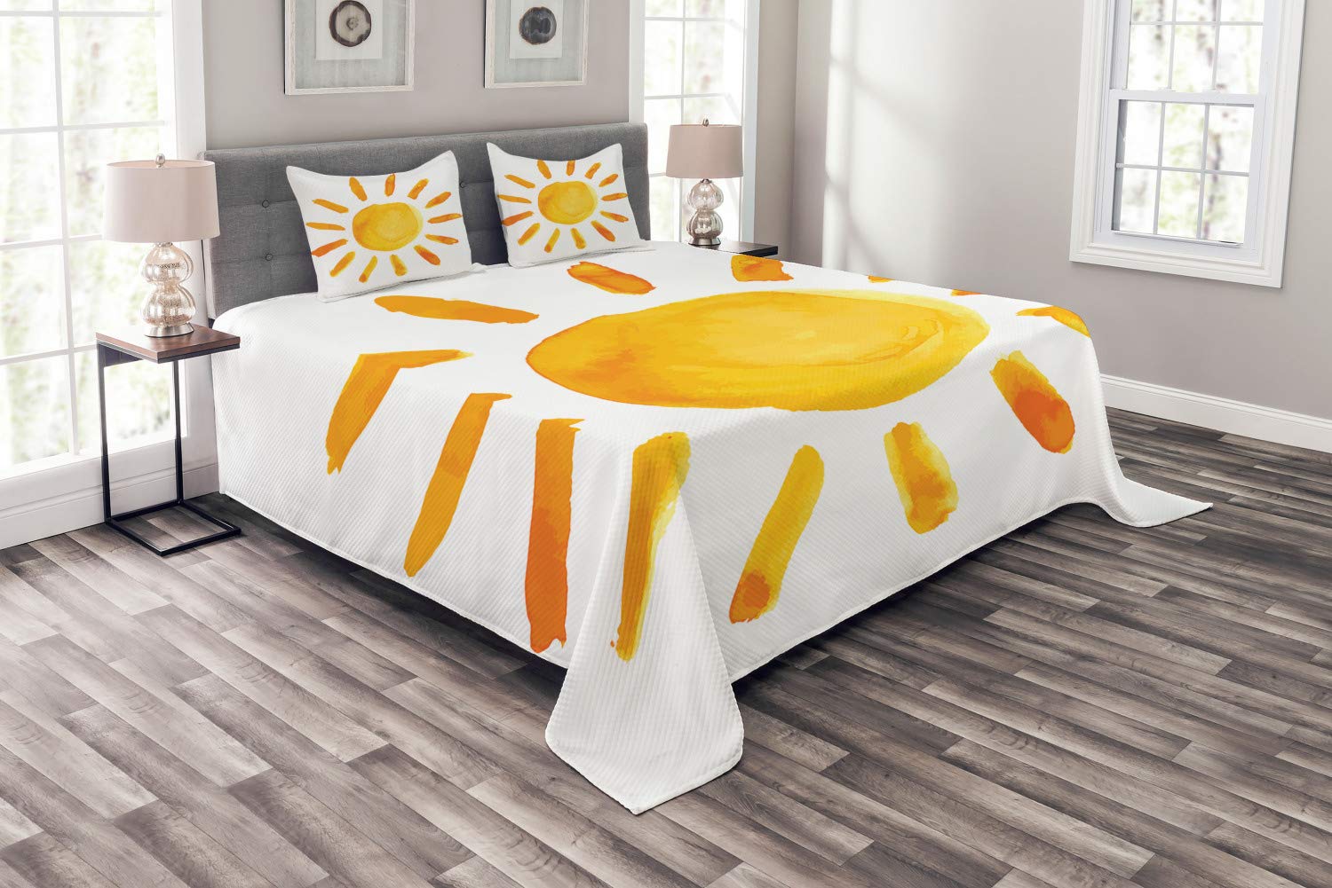 **Ambesonne Grunge Bedspread Set - Sun Illustration Watercolor Brush Painting Style 3-Piece King Size Bedding with 2 Pillow Shams, Yellow | Playroom & Teen Room Decor, Bohemian & Artistic Home Styling**