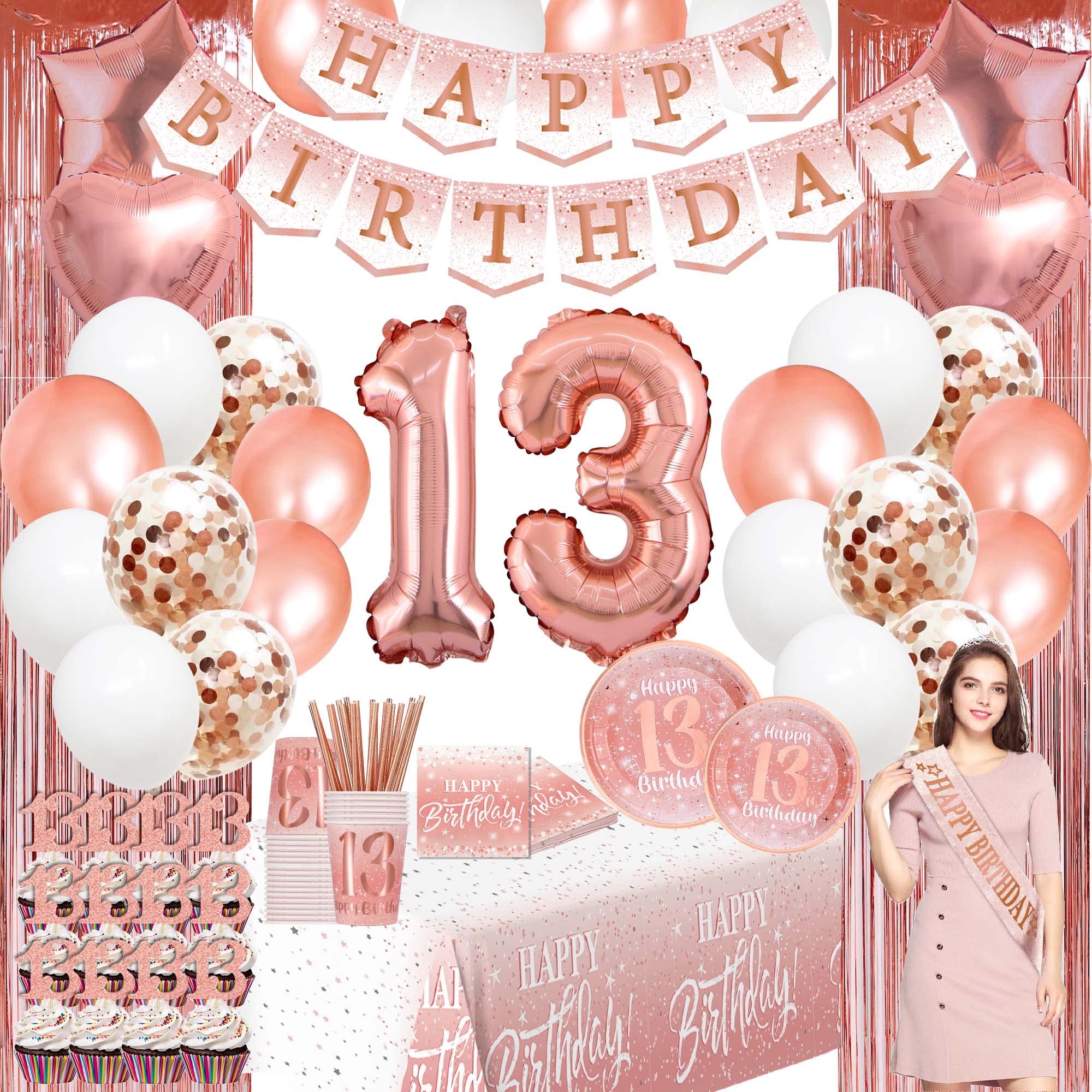 Rose Gold 13th Birthday Party Decorations for Girls - Happy Birthday Banner, Balloons, Backdrop | Perfect for Teen Birthday Celebrations, Sweet 16 Parties & Special Occasions