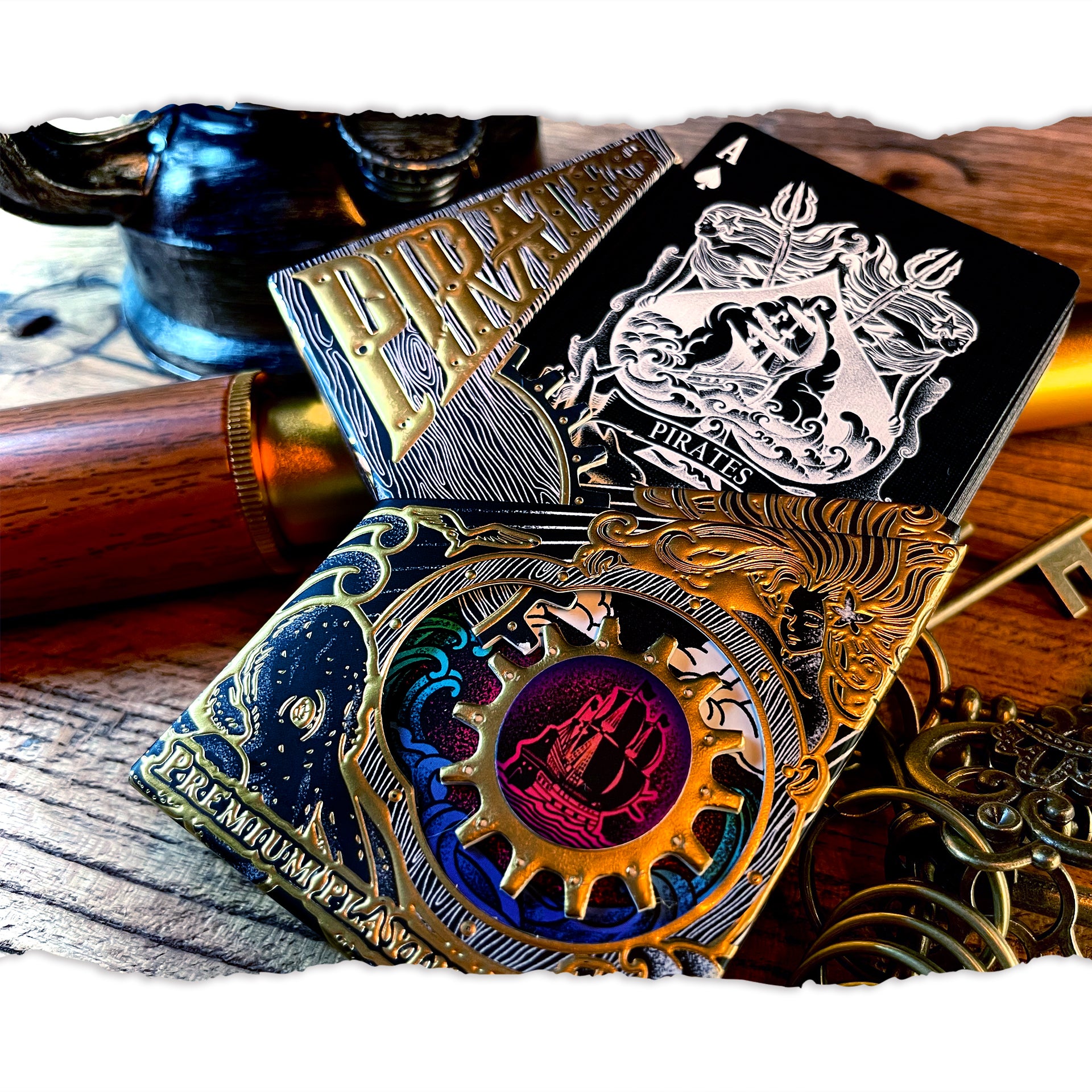 Pirate Themed Playing Cards - Night Edition with Mechanical Gear Box - Perfect for Game Nights, Magic Tricks & Collectors