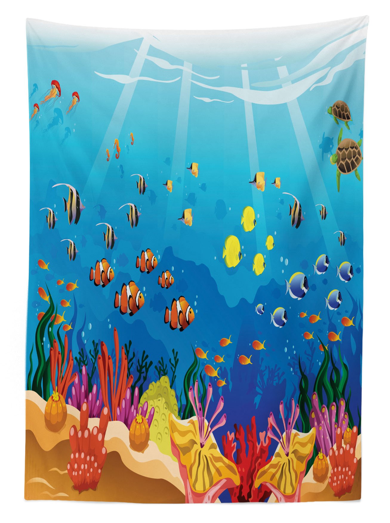 Lunarable Ocean Themed Outdoor Tablecloth - Sealife Navy Fish, Moss, Shells, Bubbles, Stones & Sunbeams Cartoon Print - Waterproof Washable Picnic Table Cover 58x120 Inches - Perfect for Beach Parties, Backyard BBQs & Outdoor Dining