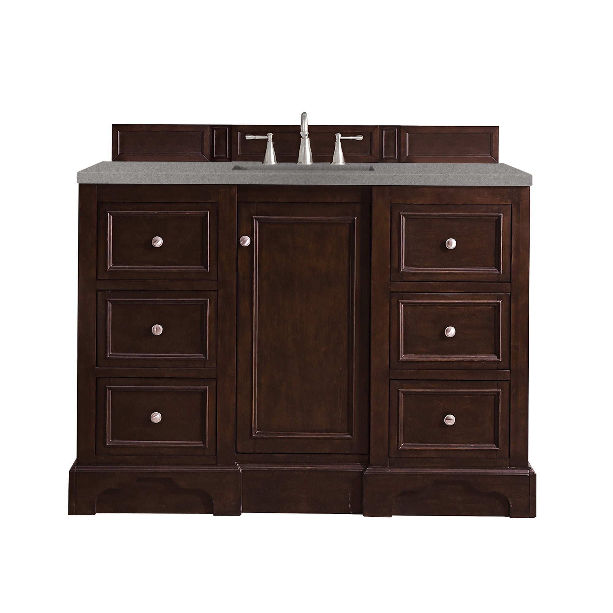 De Soto 48 Inch Single Bathroom Vanity with Burnished Mahogany Base & 3CM Grey Expo Quartz Top - Modern Bathroom Storage Solution for Small Spaces