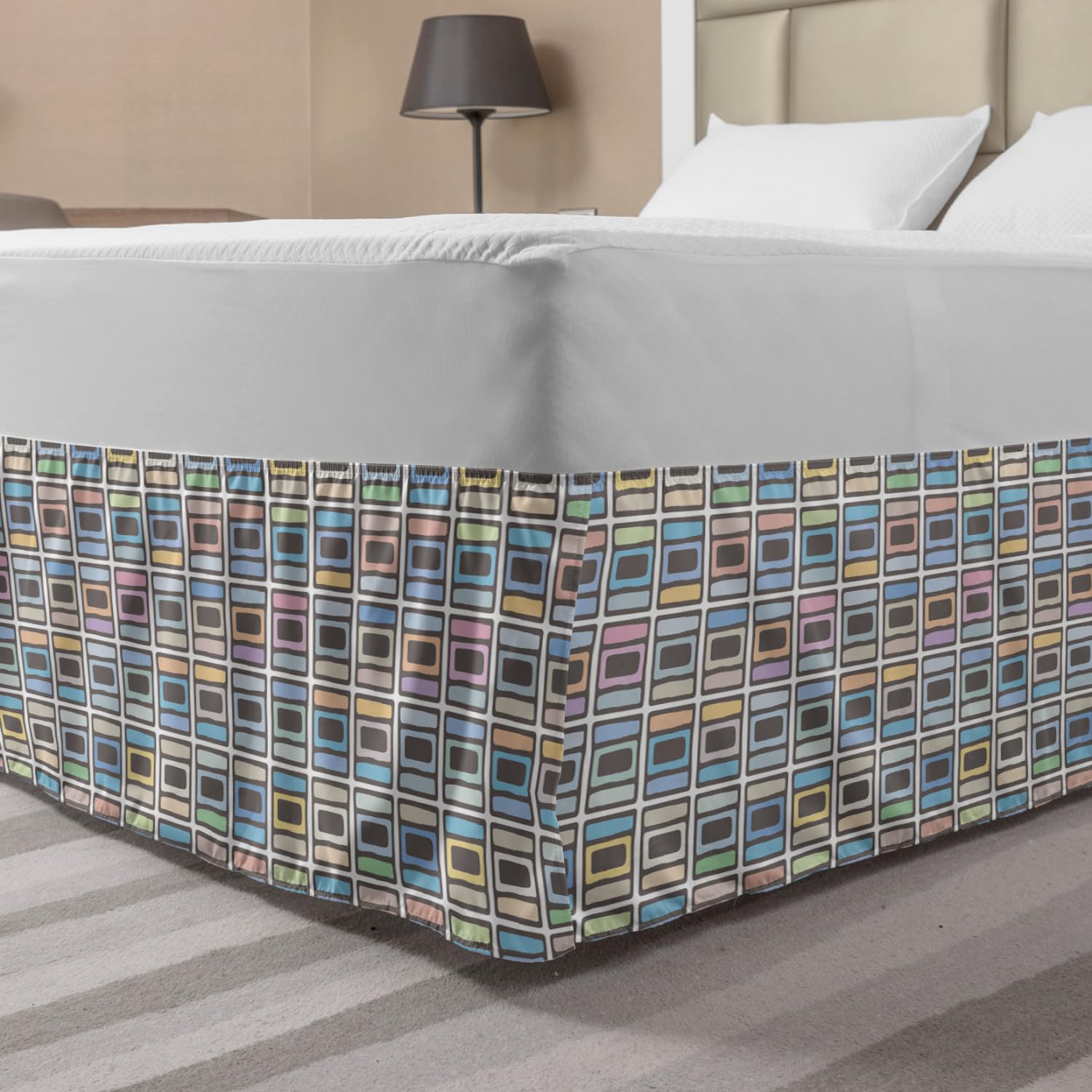 Ambesonne Abstract Bed Skirt - Pastel Minimalist Design with Rhythmic Patterns, Elastic Dust Ruffle Wrap Around Bedskirt for King Size Beds (Grey Blue) - Perfect for Modern Bedroom Decor & Guest Room Styling