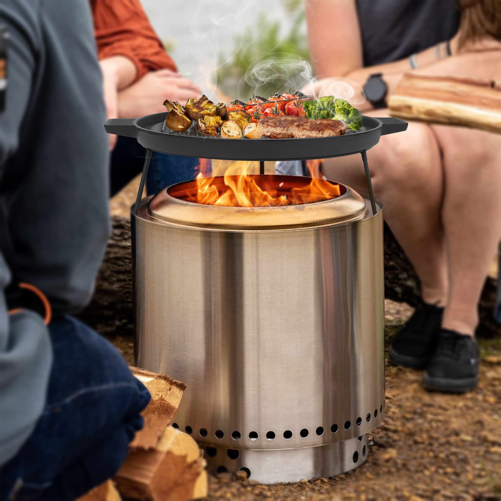 Onlyfire 14 Inch Double Sided Reversible Cast Iron Griddle for Solo Stove Ranger | Detachable Legs & Raised Top Cookware | Perfect for Camping, Backyard BBQs & Outdoor Cooking with 15 Inch Fire Pit