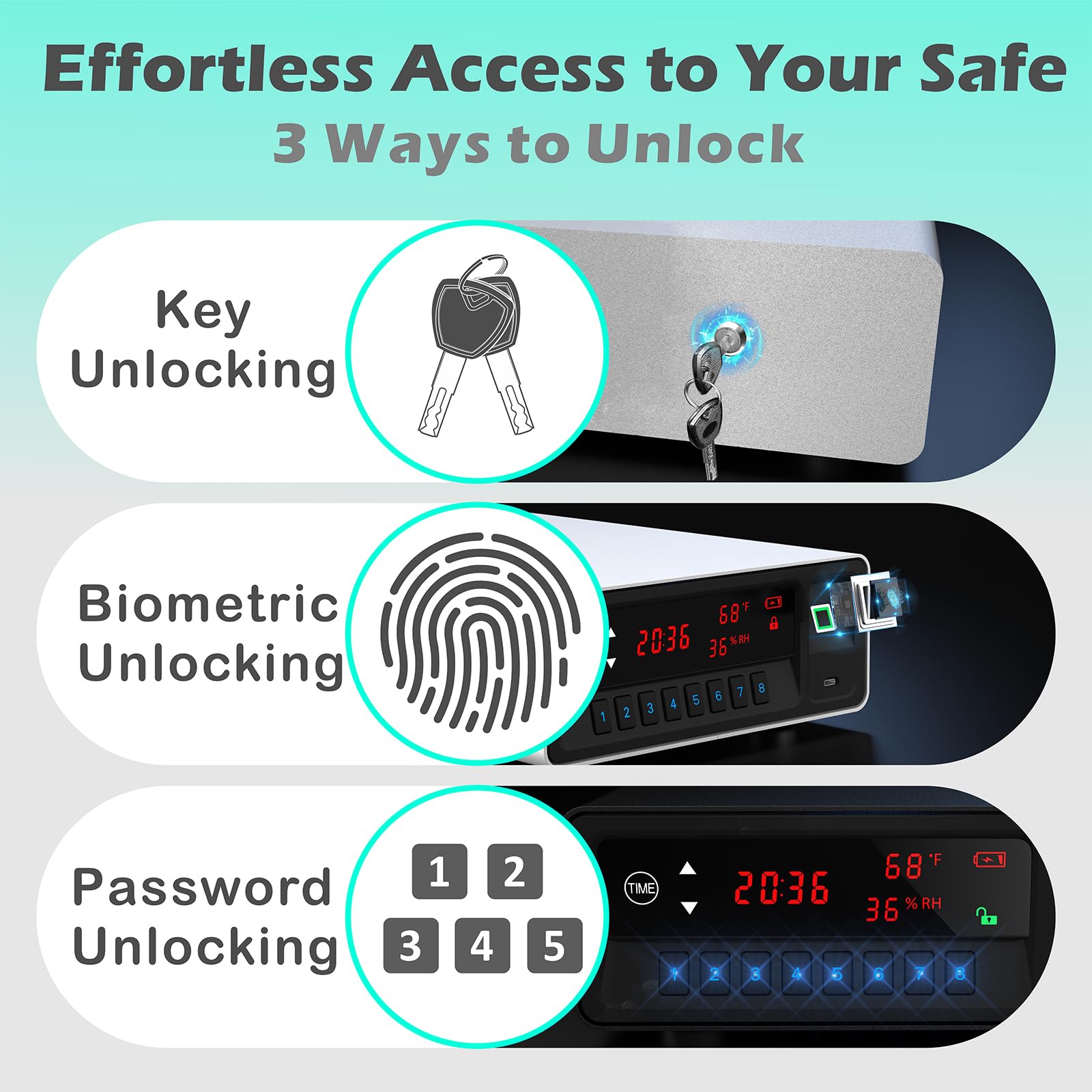 Biometric Gun Safe for 2 Handguns - Smart Pistol Safe with Fingerprint, Keypad & Key Access | Quick Open Security Safe with LCD Display & Voice Guidance | Perfect for Nightstand, Bedside & Home Defense (White)