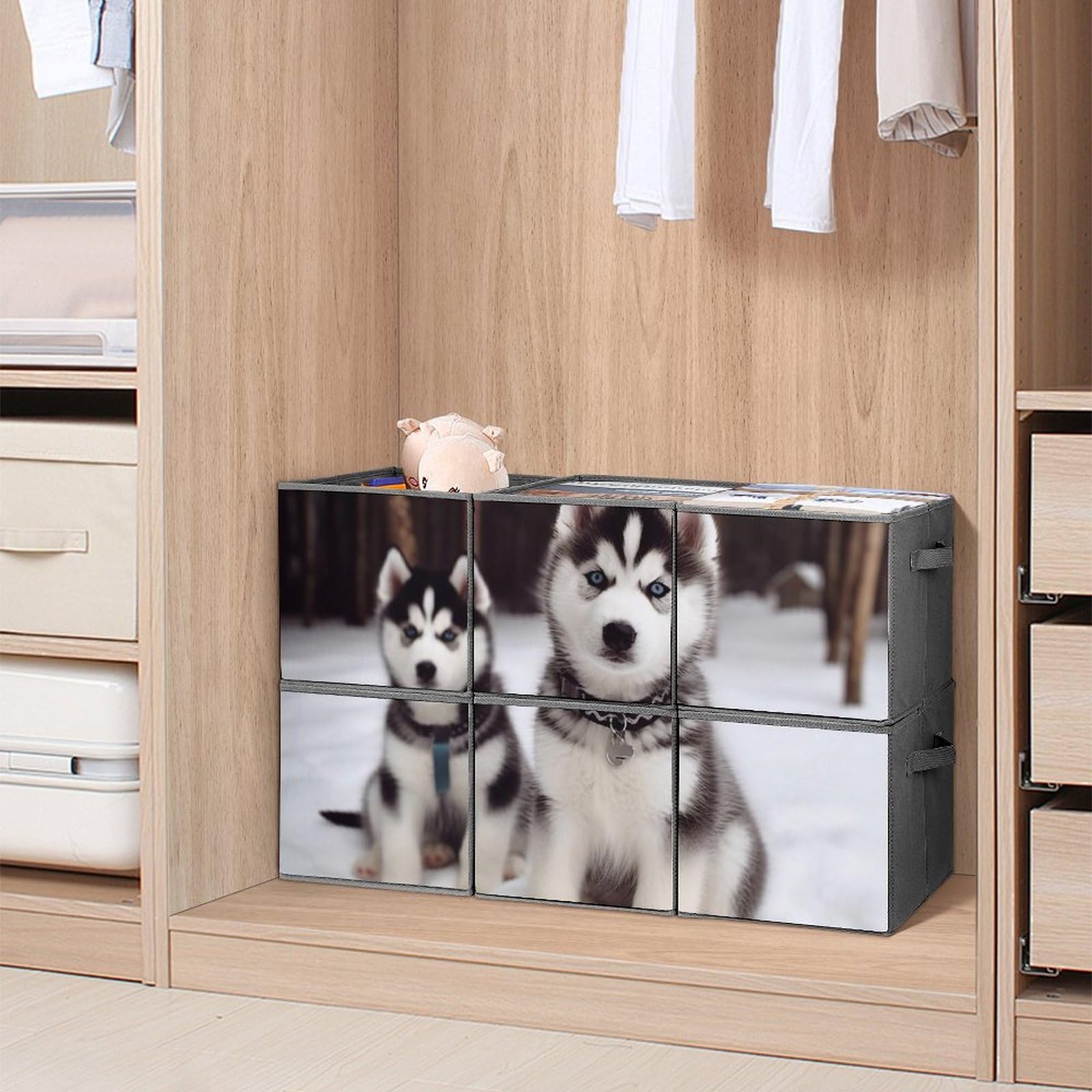 6-Pack Adorable Huskies Collapsible Storage Bins with Handles - Large Closet Organizer, Foldable Fabric Storage Baskets for Clothes, Toys & Home Organization - Perfect for Bedroom, Nursery & Laundry Room Storage