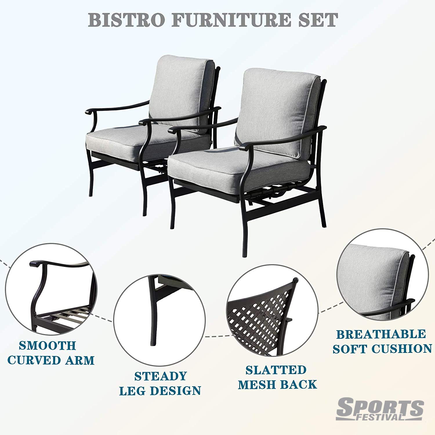 Outdoor Patio Dining Chairs Set of 2 - Heavy Duty Metal Armchairs with Thick Cushions for Backyard, Bistro, Porch & Balcony - Weather Resistant Grey Furniture (Perfect for Outdoor Entertaining & Relaxation)