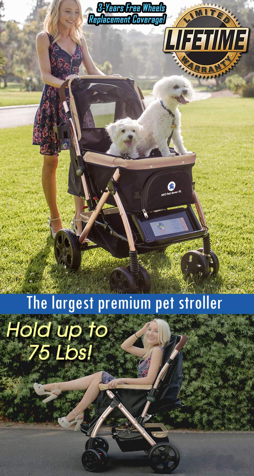 Premium Heavy Duty XL Extra-Long Pet Stroller for Small, Medium & Large Dogs & Cats - Taupe 2nd Generation | Durable Travel Carriage for Walking, Shopping & Outdoor Adventures