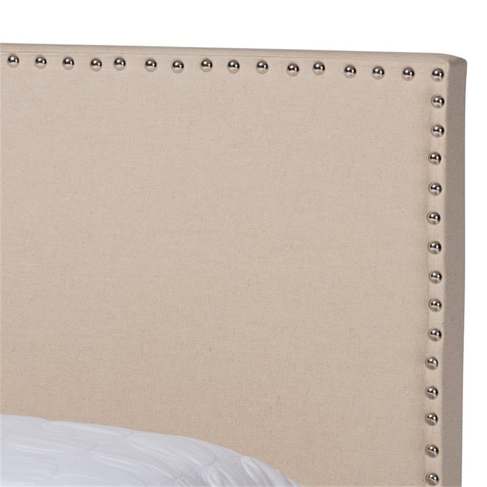BOWERY HILL Full Size Beige Linen Upholstered Panel Bed with Nailhead Trim - Modern Bedroom Furniture for Master Bedroom, Guest Room & Apartment Decor