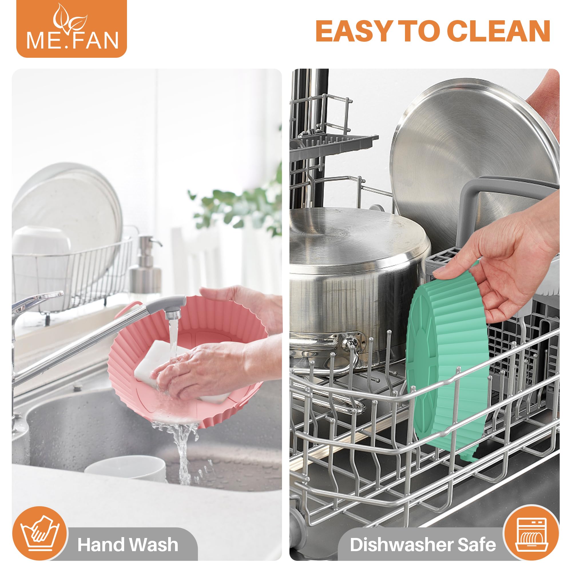 ME.FAN Air Fryer Silicone Liners for 4 to 7 QT [2 Pack] - Reusable Non-Stick Basket with Handles & Vent Holes - Compatible with Most Air Fryers & Ovens - Dark Orange & Mint Green - Perfect for Roasting, Baking & Frying Healthy Meals