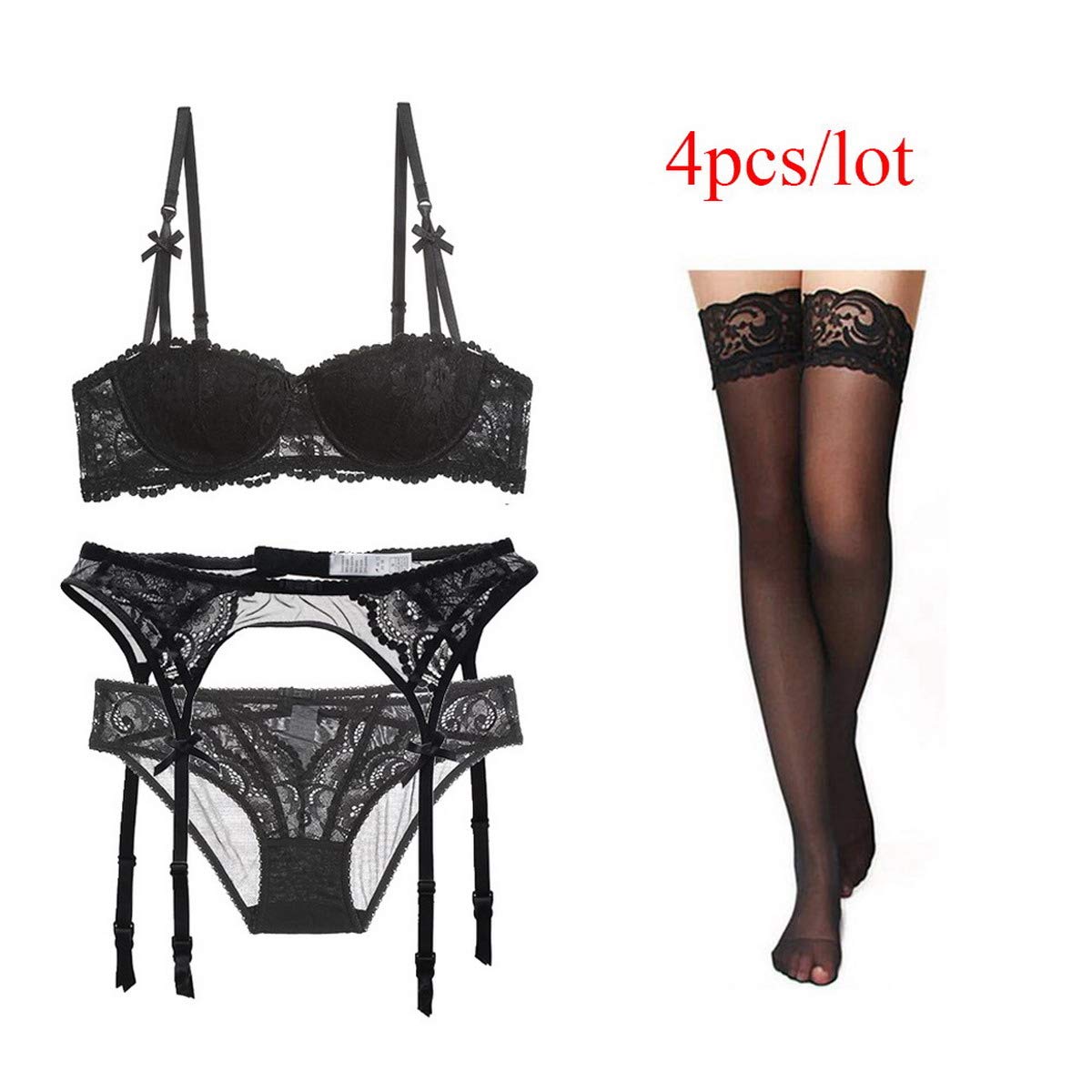 Sexy Lace Push Up Bra and Panty Set for Women - Soft Comfortable Lingerie with Optional Garter Belt & Stockings - Perfect for Valentine's Day, Honeymoon or Romantic Nights