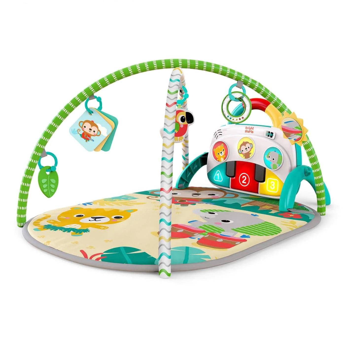 Bright Starts 4-in-1 Groovin' Kicks™ Baby Activity Gym with Piano & Drum - Tropical Safari Theme for Infant Playtime, Tummy Time & Early Development