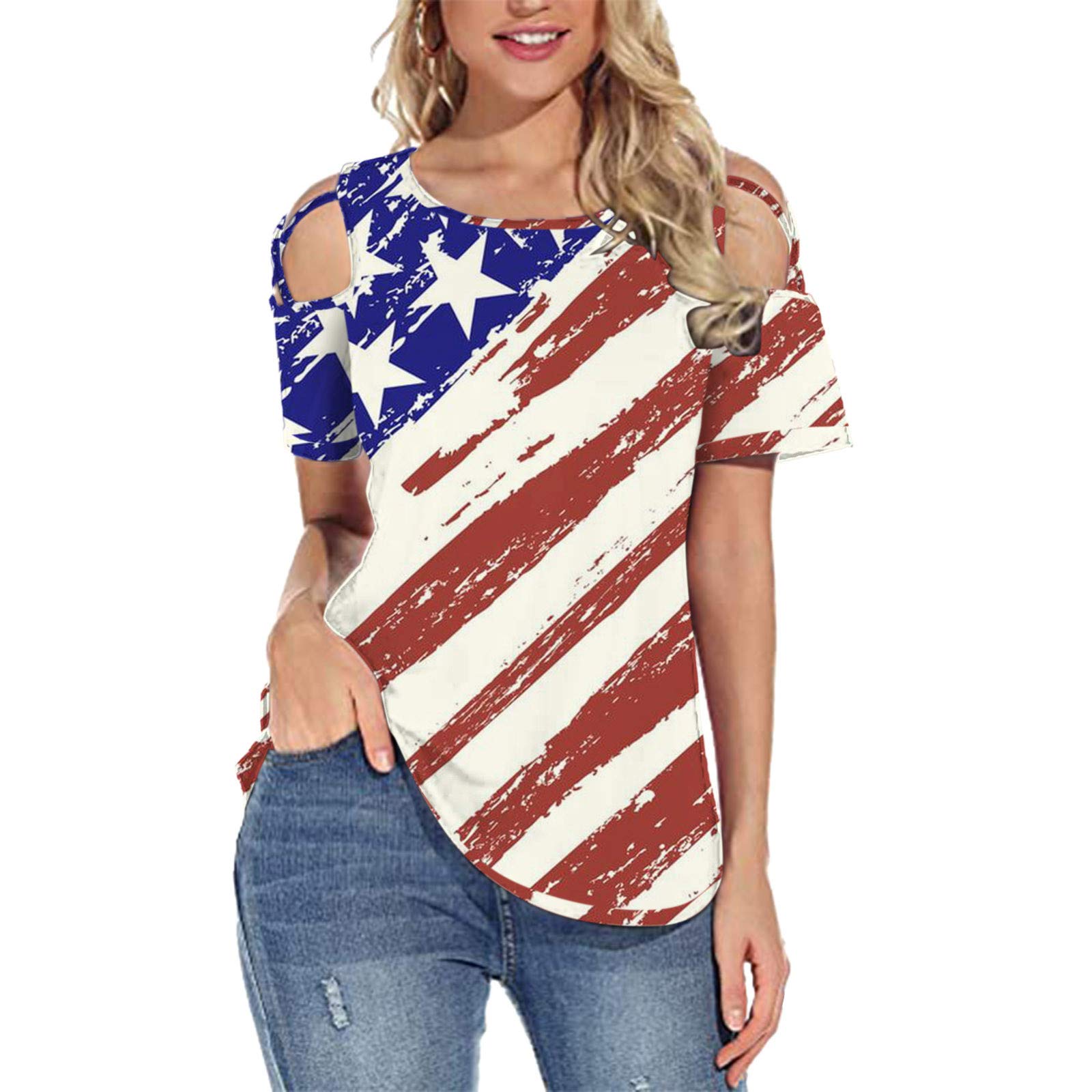 MKHSQHDG Women's Summer T-Shirts - Short Sleeve Tunic Strappy Cold Shoulder Tops, Casual Loose Basic Tees for Beach, Vacation & Everyday Wear