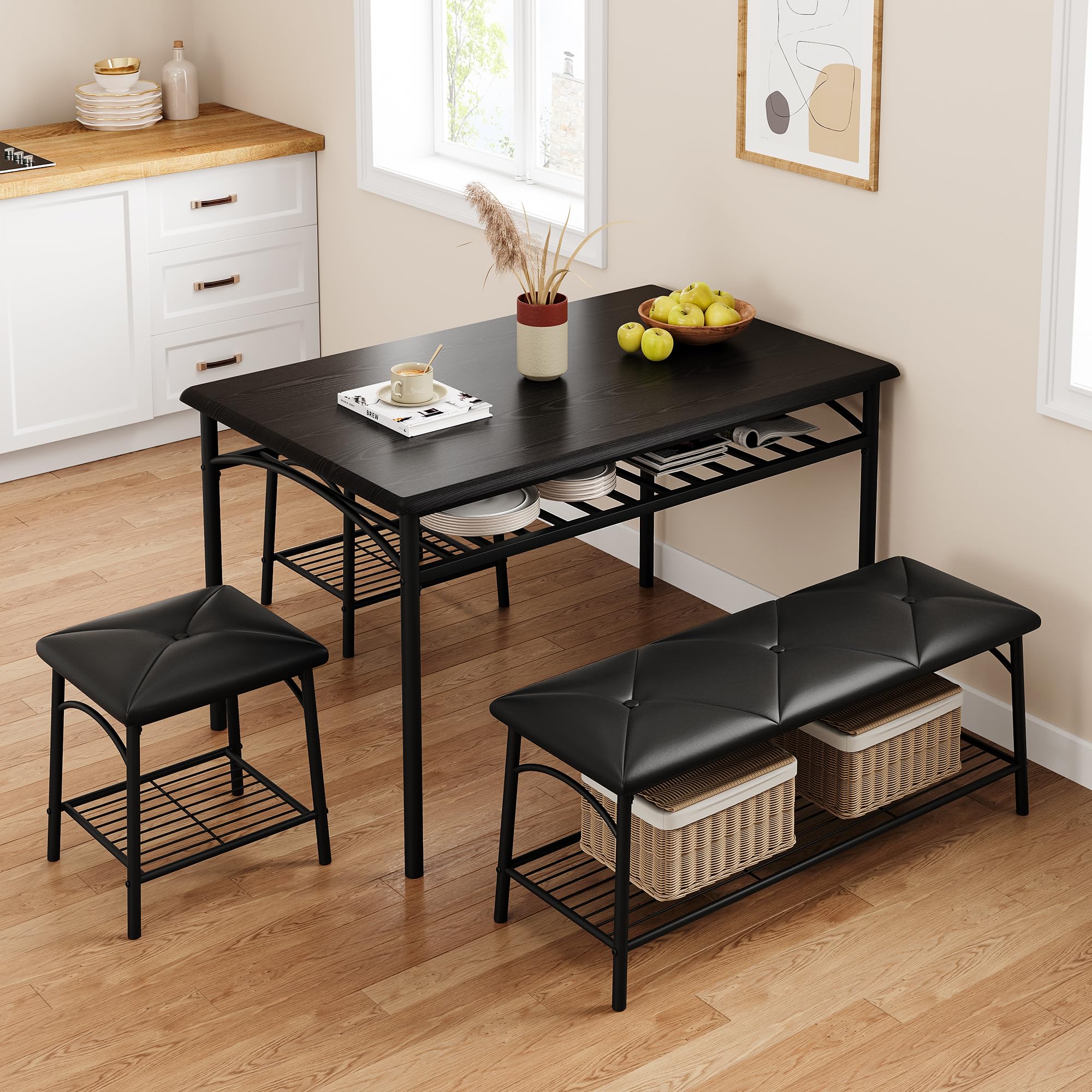 **IDEALHOUSE 4-Piece Dining Table Set with Upholstered Bench & Square Stools - Space-Saving Kitchen Table for Small Apartments, Includes Storage (Black) - Perfect for Breakfast Nooks, Compact Kitchens & Cozy Dining Areas**