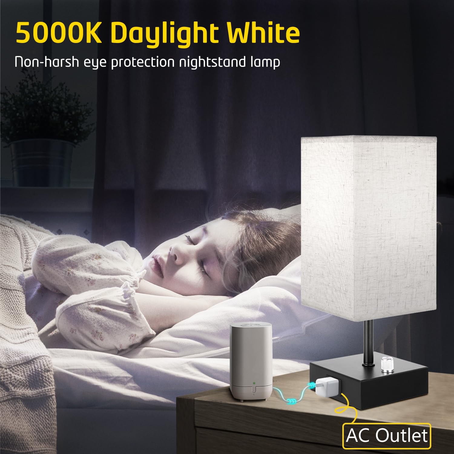 2-Pack Dimmable Bedside Lamps with USB-C/A Ports & AC Outlet - Modern Square Beige Fabric Shade & Black Metal Base Nightstand Lamps (LED Bulbs Included) for Bedroom, Kids Room, Nursery & Home Office Lighting