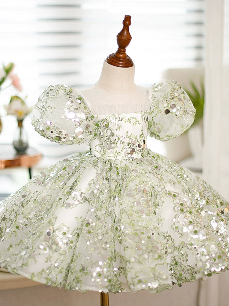 Green Princess Round Sequined Flower Girl Dress for Weddings, Pageants & Special Occasions