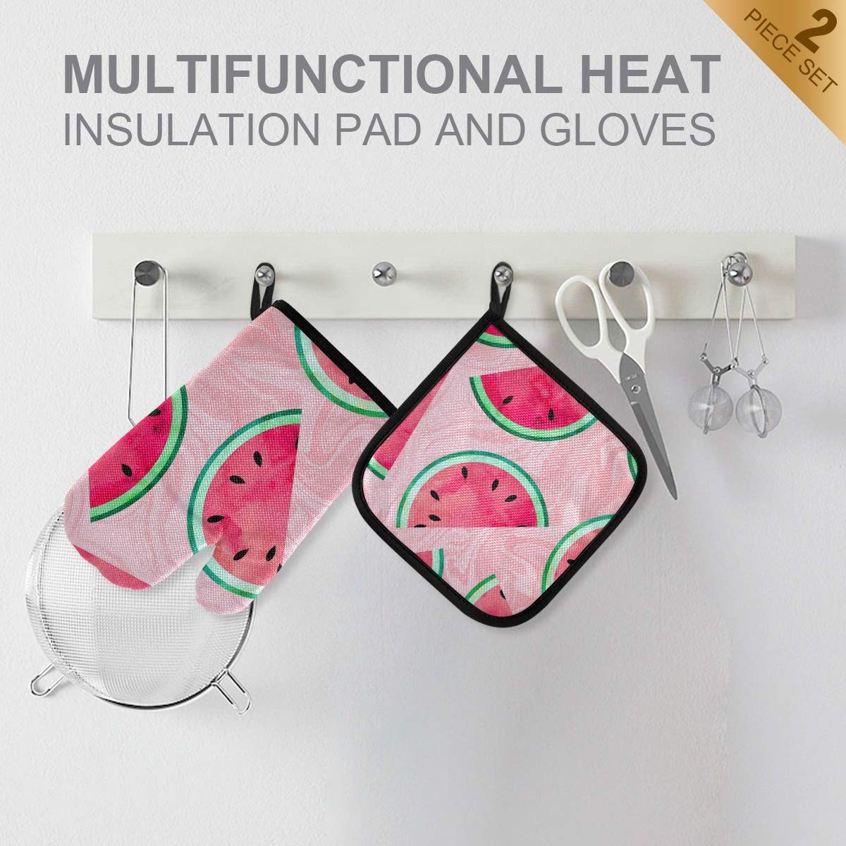 Heat Resistant Watermelon Watercolor Oven Mitts & Pot Holders Set - Kitchen Cooking, Baking, Microwave & Grill Accessories - Perfect for BBQ, Baking & Hot Dish Handling