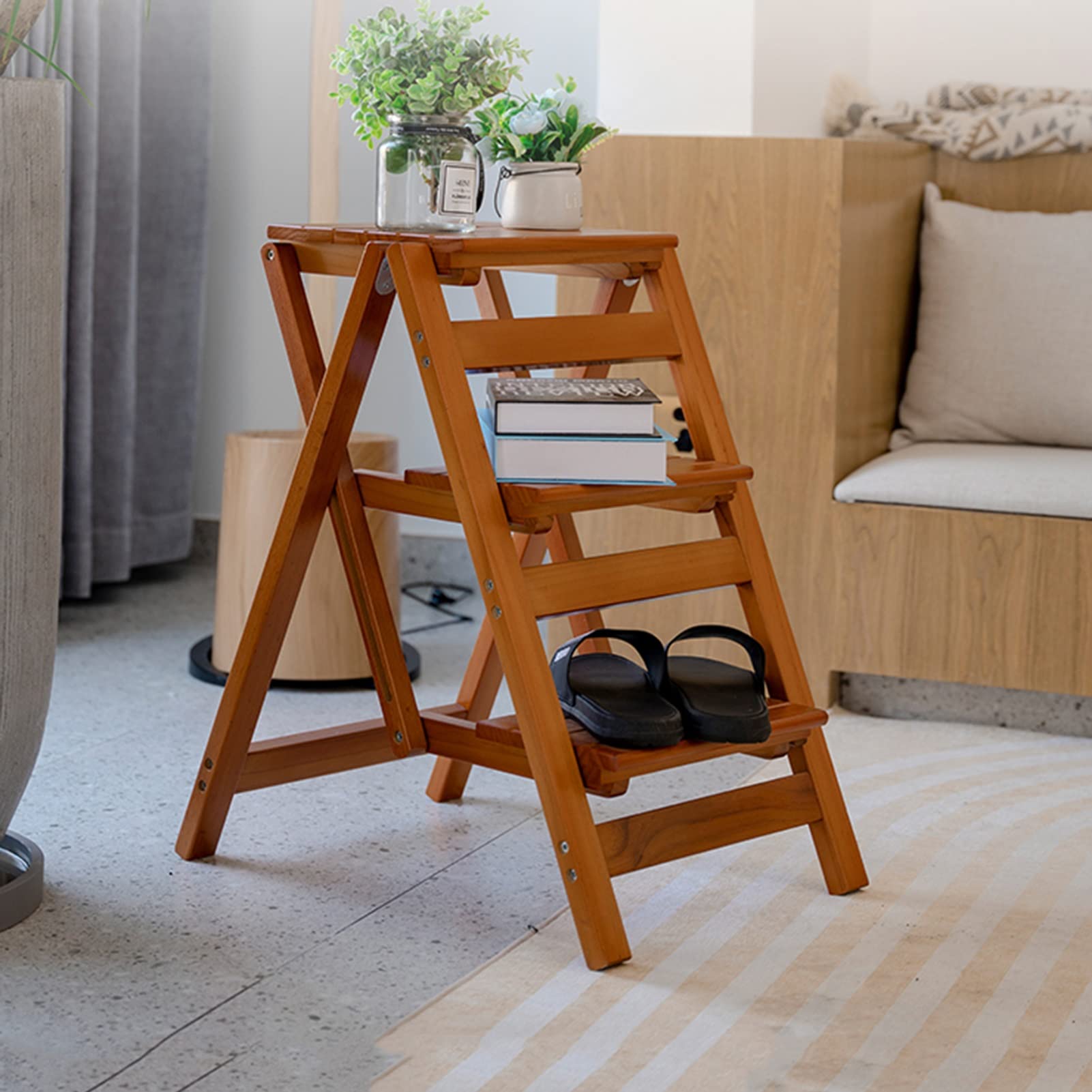 XHALERY 3-Step Wooden Folding Step Stool Ladder - Multifunctional Combination for Home, Library, and Display Shelves - Perfect for Reaching High Places, Organizing Books, and Showcasing Decor
